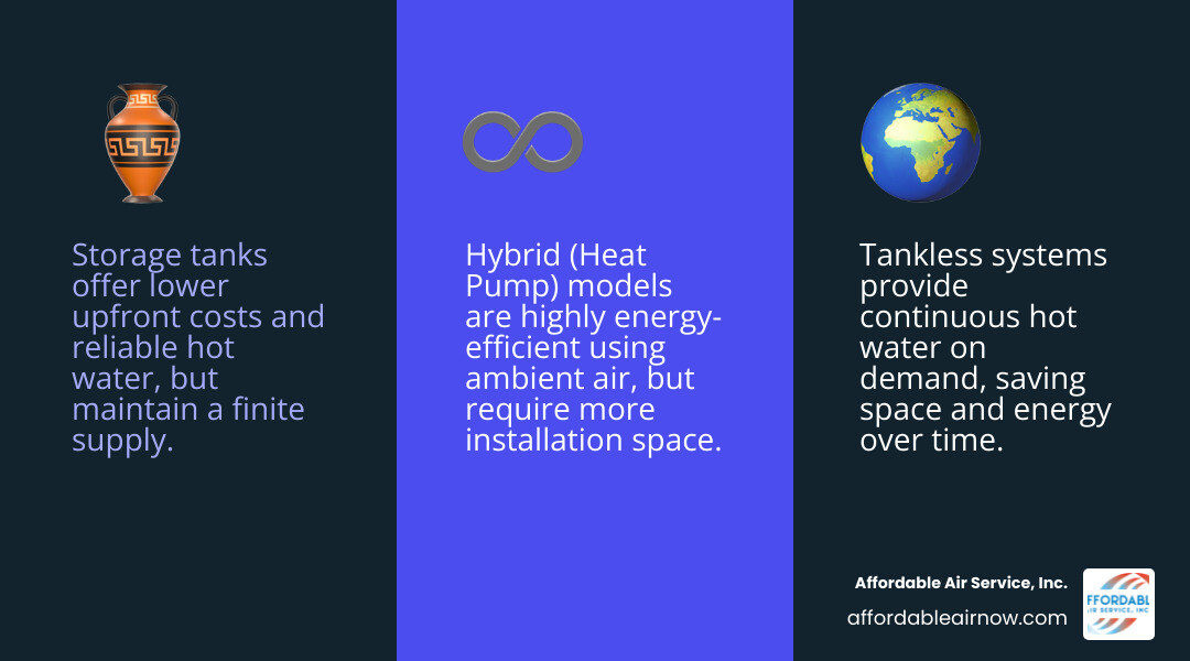 Infographic comparing storage tank, tankless, and heat pump water heater types with efficiency and sizing facts - how to Infographic comparing storage tank, tankless, and heat pump water heater types with efficiency and sizing facts - how to