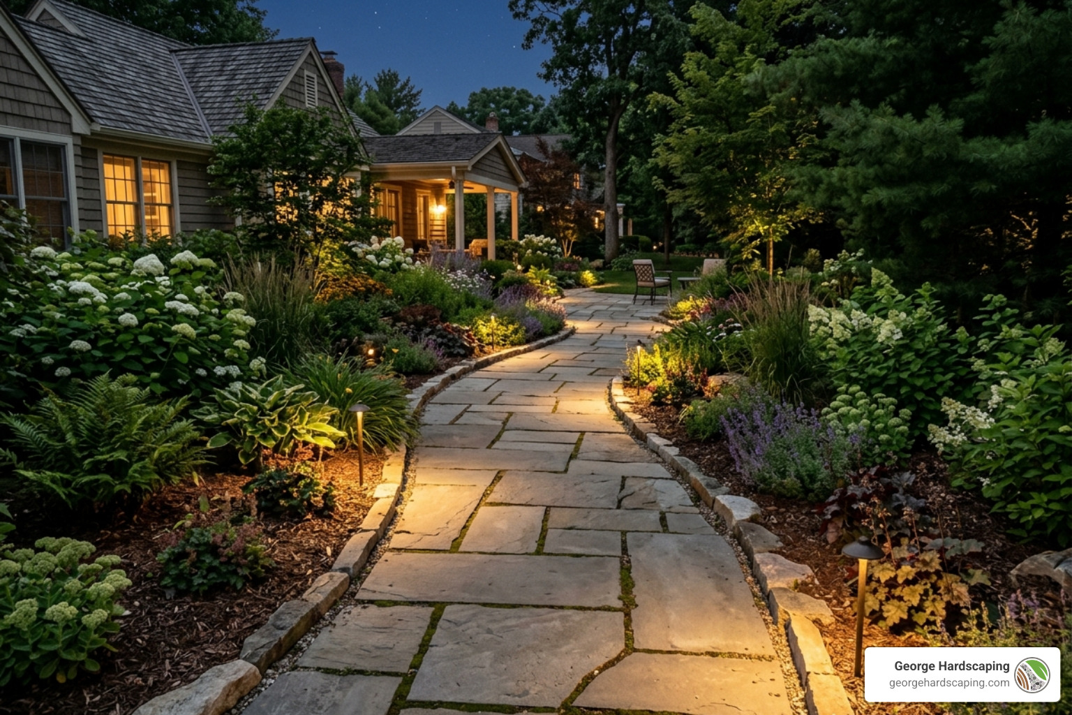 A wide 48-inch flagstone walkway with low-voltage LED riser lights for safety in a lush garden - walkways and steps A wide 48-inch flagstone walkway with low-voltage LED riser lights for safety in a lush garden - walkways and steps
