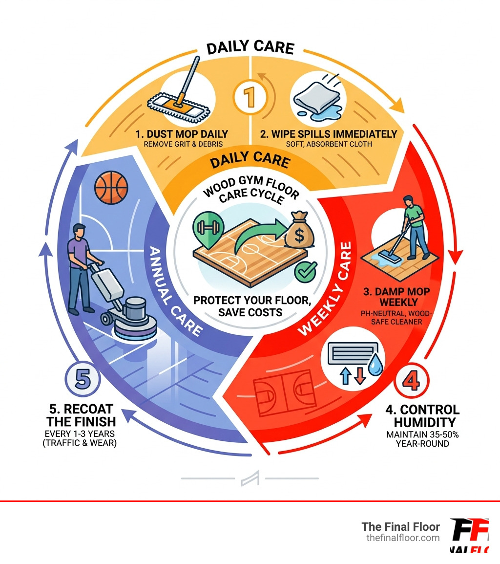 Daily, weekly, and annual wood gym floor care cycle infographic - how to clean wood gym floors infographic Daily, weekly, and annual wood gym floor care cycle infographic - how to clean wood gym floors infographic