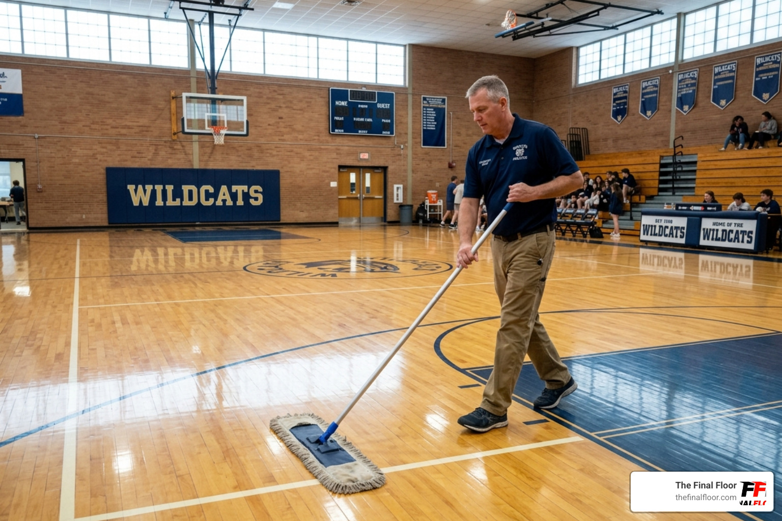 A worker using a microfiber dust mop on a basketball court - how to clean wood gym floors A worker using a microfiber dust mop on a basketball court - how to clean wood gym floors