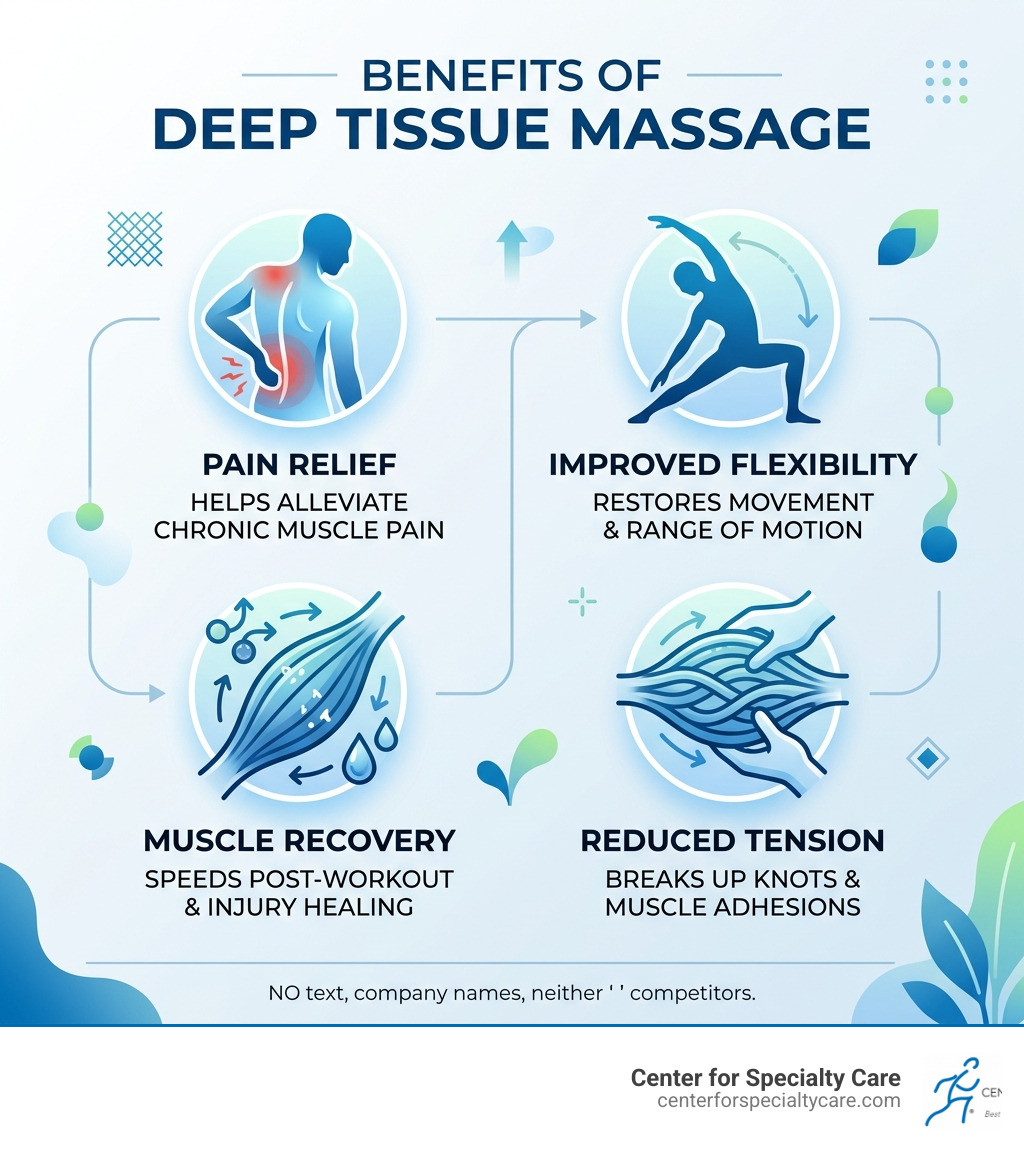 Infographic showing deep tissue massage benefits: pain relief, flexibility, muscle recovery, tension reduction - deep tissue