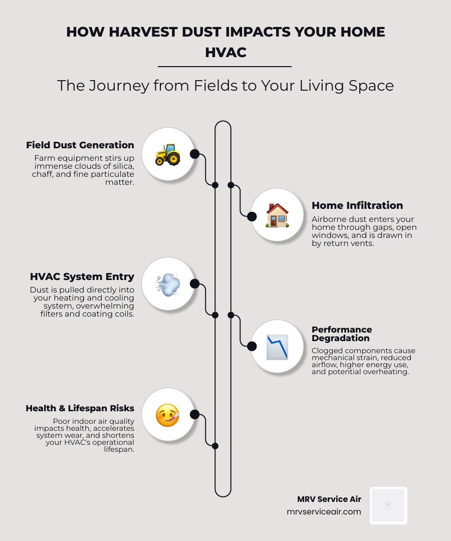 Infographic showing how harvest dust travels from agricultural fields through gaps and vents into home HVAC systems - how Infographic showing how harvest dust travels from agricultural fields through gaps and vents into home HVAC systems - how
