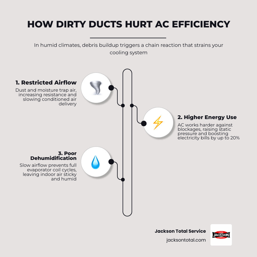 Infographic showing how dirty ducts restrict airflow, raise energy use, and reduce dehumidification in humid climates - how Infographic showing how dirty ducts restrict airflow, raise energy use, and reduce dehumidification in humid climates - how