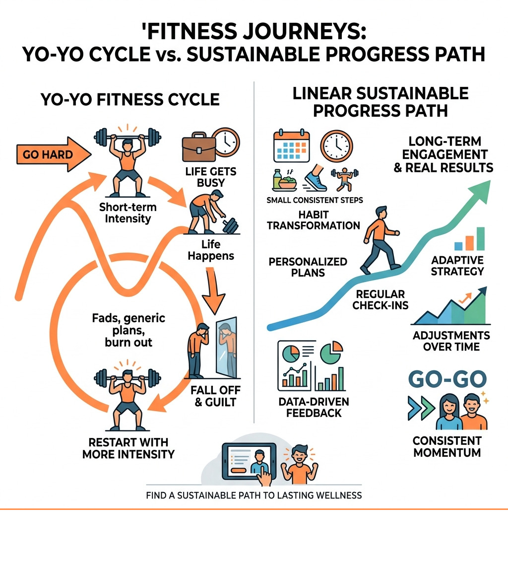 Yo-yo fitness cycle vs. linear sustainable progress path infographic - sustainable fitness coaching online infographic 