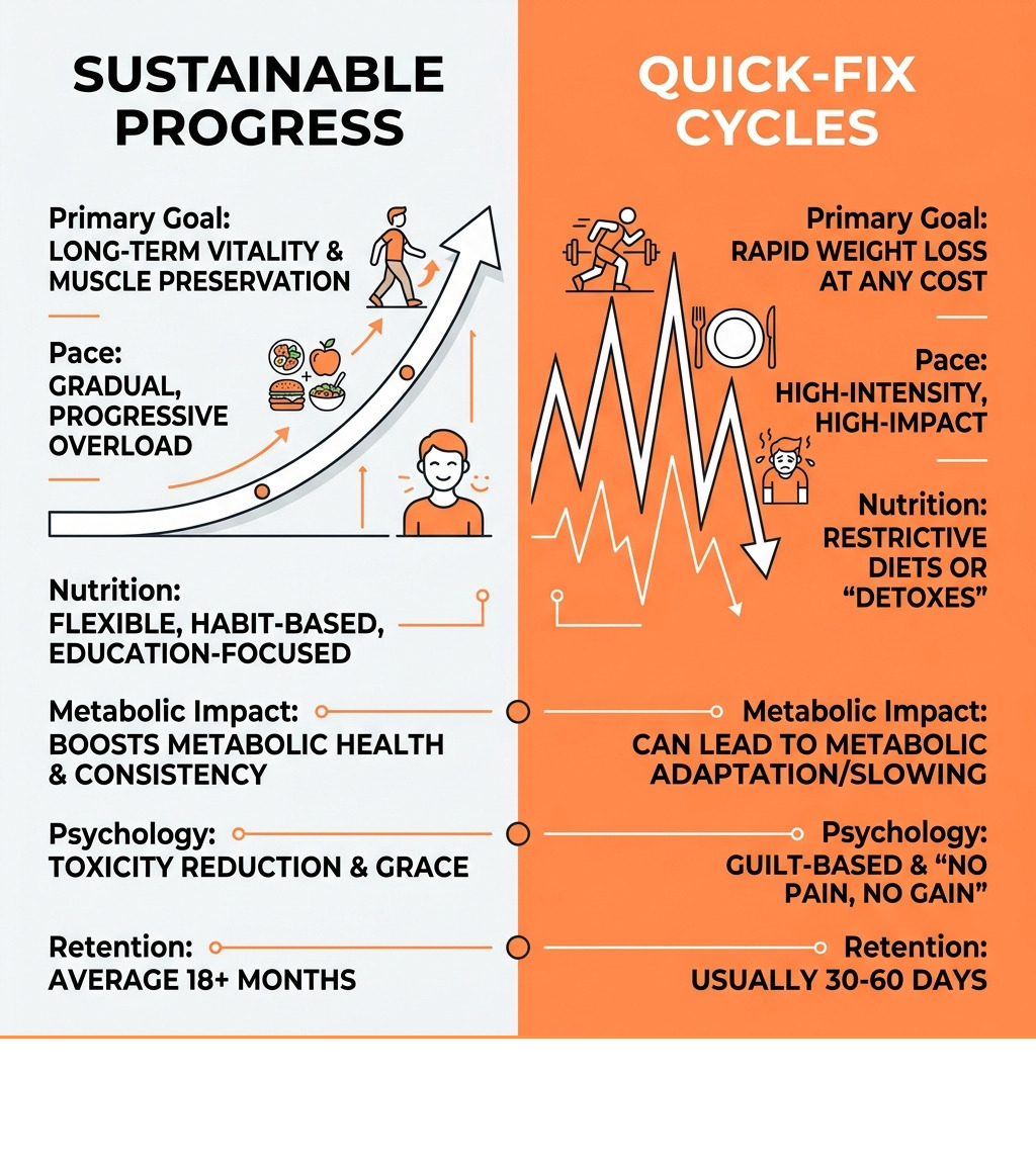 Comparison of sustainable progress vs. quick-fix cycles - sustainable fitness coaching online infographic 