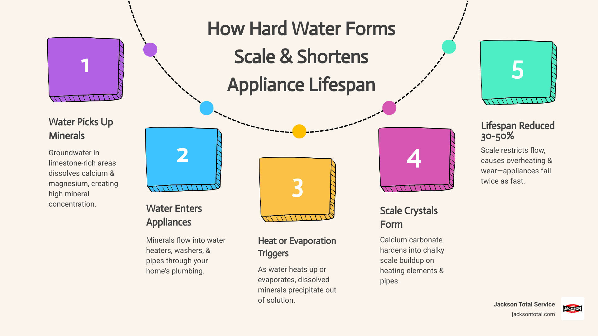 Infographic showing how dissolved minerals in hard water form scale inside pipes and appliances, reducing lifespan by 30-50%