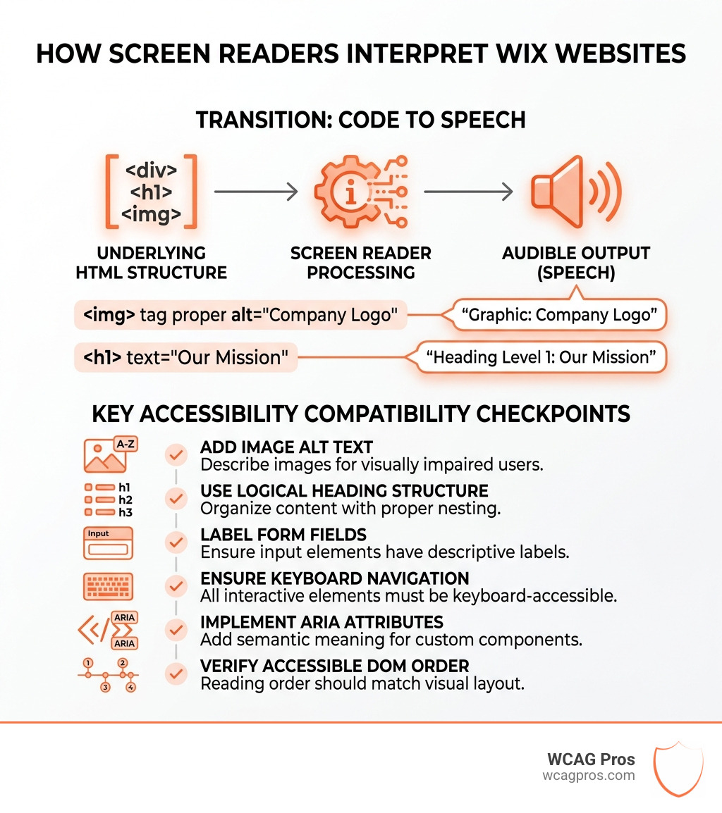 Infographic showing how screen readers translate Wix HTML into speech and key compatibility checkpoints - screen reader wix Infographic showing how screen readers translate Wix HTML into speech and key compatibility checkpoints - screen reader wix