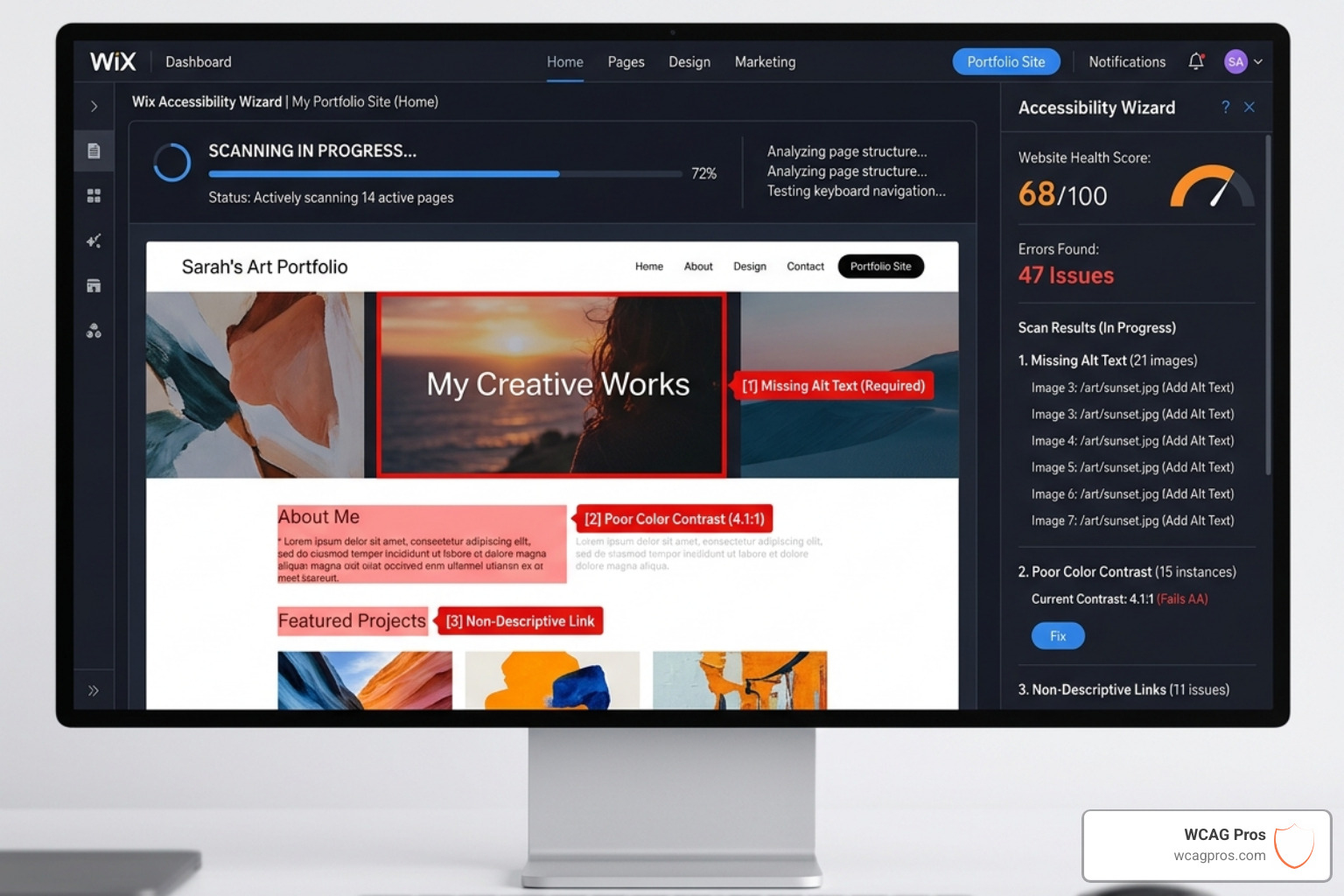 The Wix Accessibility Wizard interface scanning a website for errors - screen reader wix compatibility The Wix Accessibility Wizard interface scanning a website for errors - screen reader wix compatibility