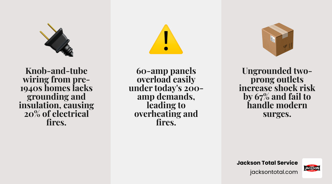 Infographic showing top electrical hazards in older homes including knob-and-tube wiring, ungrounded outlets, and undersized