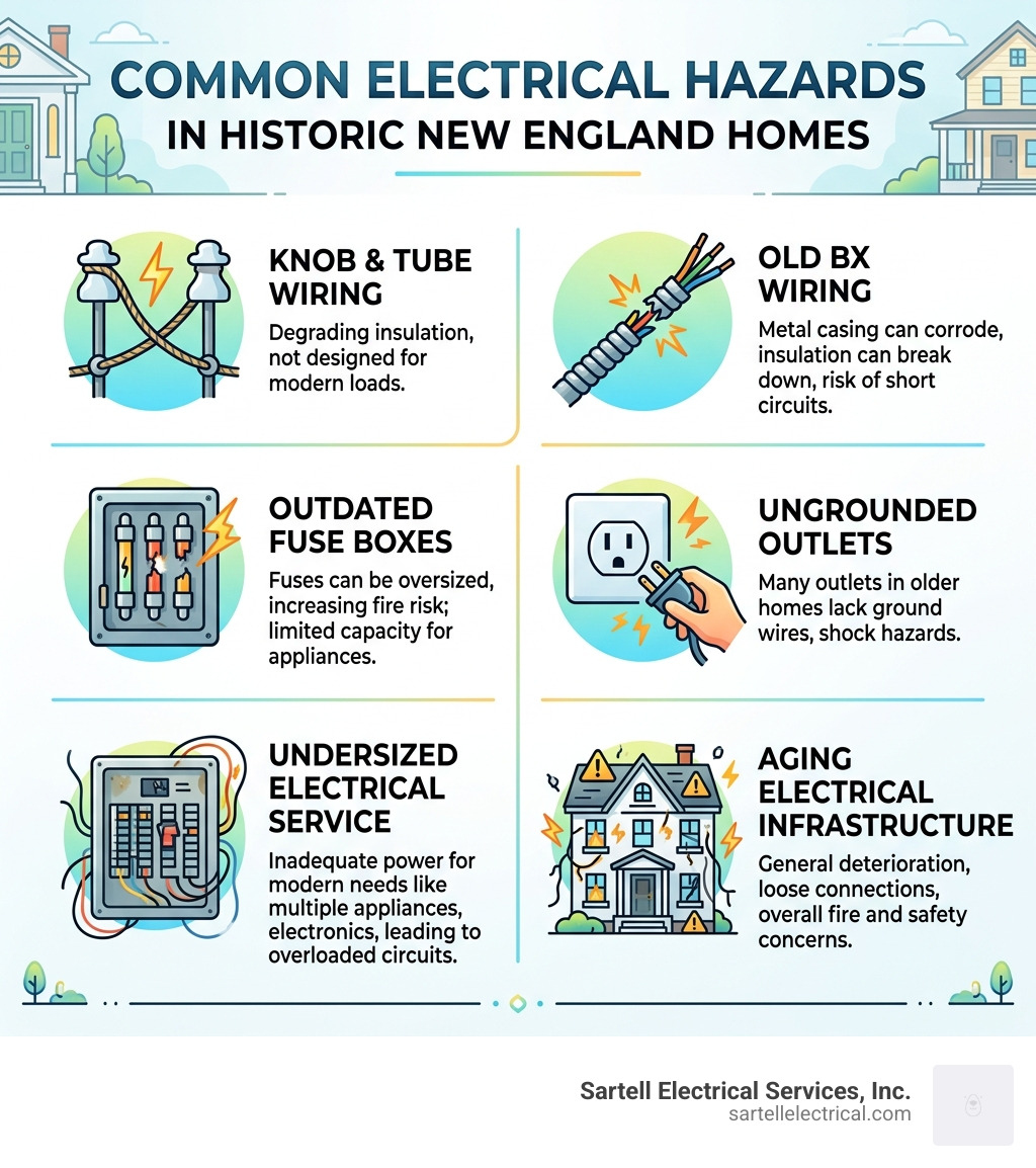 Common electrical hazards in historic New England homes infographic - Electrician Rowley MA infographic 