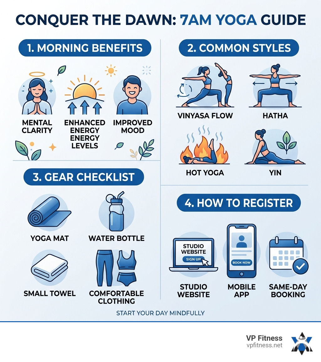 Infographic showing 7am yoga class benefits, styles, gear checklist, and how to register - 7am yoga class near me Infographic showing 7am yoga class benefits, styles, gear checklist, and how to register - 7am yoga class near me