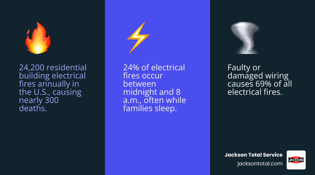 Infographic showing home electrical fire statistics, common causes, and emergency safety steps for homeowners - electrical