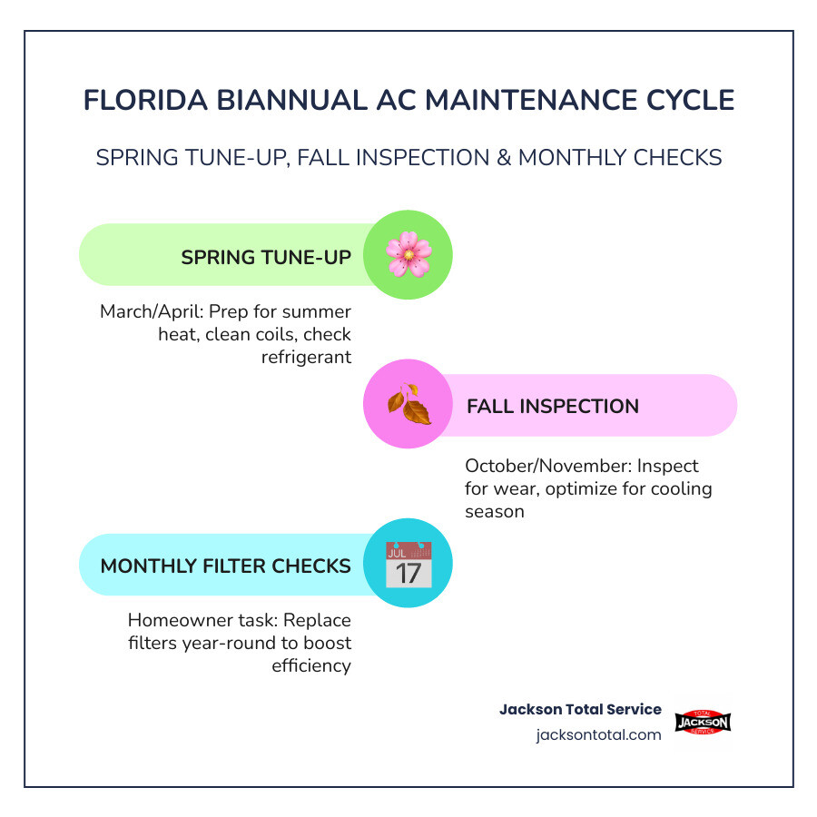 Infographic showing Florida biannual AC maintenance cycle: spring tune-up in March/April and fall inspection in Infographic showing Florida biannual AC maintenance cycle: spring tune-up in March/April and fall inspection in