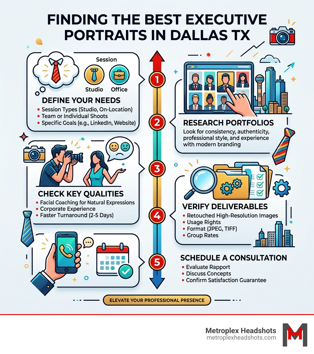 Infographic showing steps to finding the best executive portraits in Dallas TX - Executive portraits Dallas TX infographic 