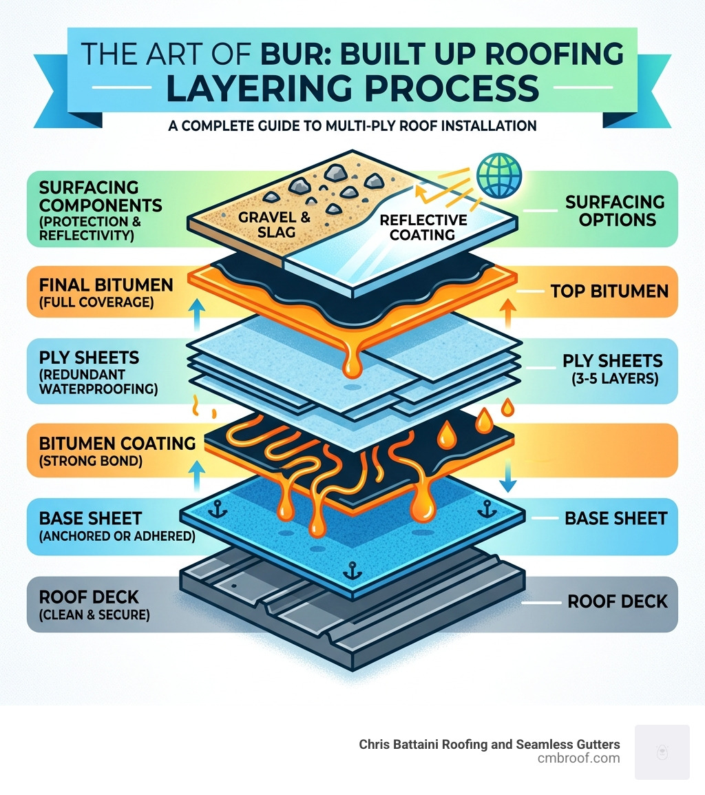 BUR system layering process showing deck, base sheet, ply sheets, bitumen, and surfacing components - built up roofing