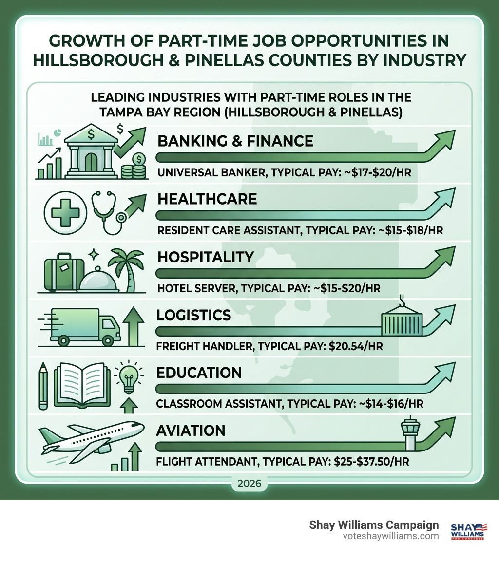 Infographic showing growth of part-time job opportunities in Hillsborough and Pinellas counties by industry - part time jobs