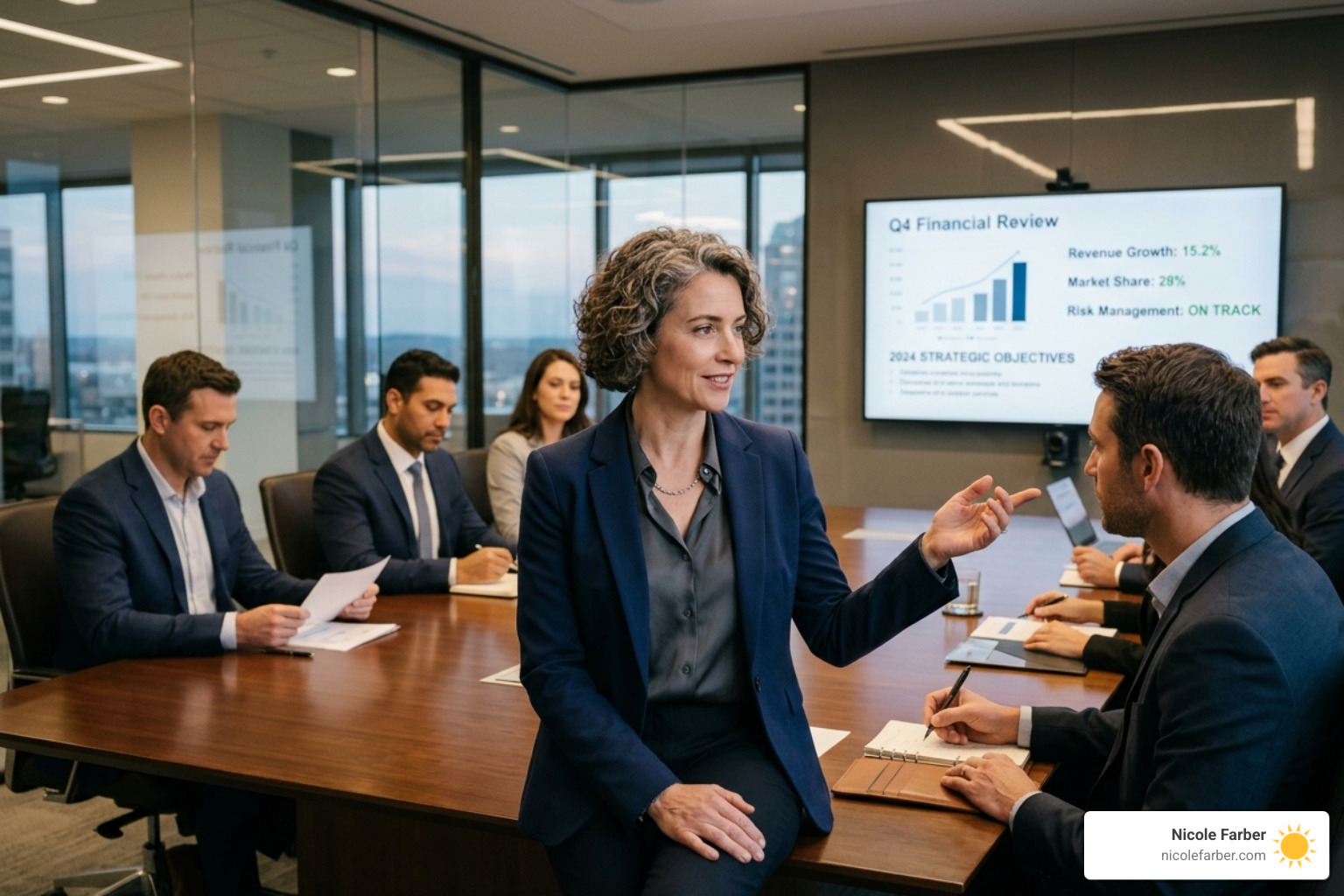 A leader confidently managing a high-stakes board meeting with clarity and poise - life coaching for executives