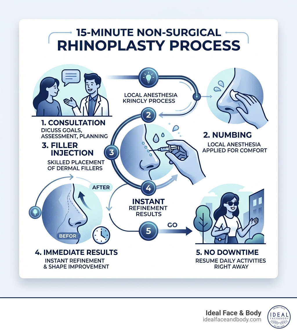Infographic showing the 15-minute non surgical rhinoplasty process: consultation, numbing, filler injection, immediate Infographic showing the 15-minute non surgical rhinoplasty process: consultation, numbing, filler injection, immediate