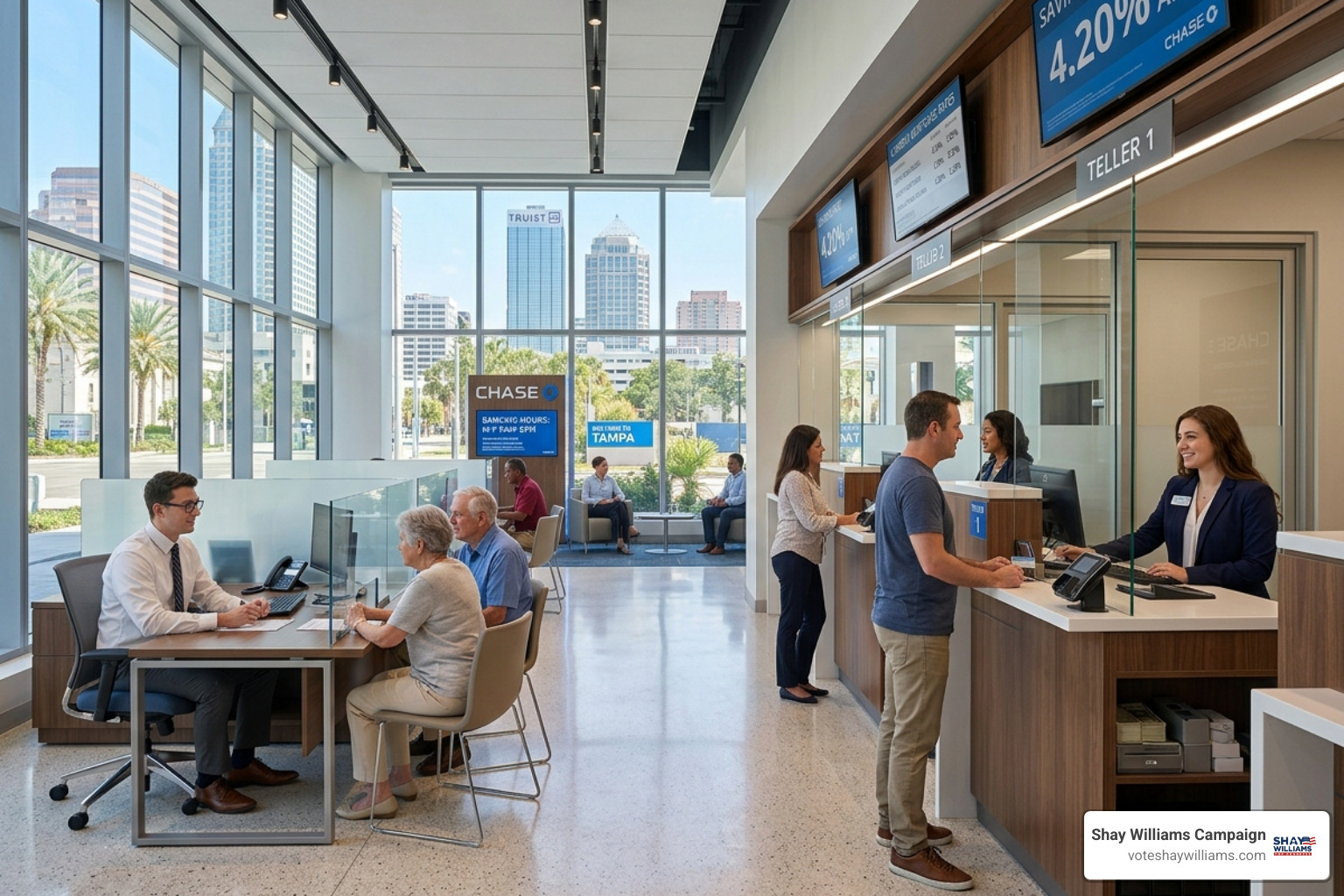 A modern bank interior in downtown Tampa where part-time bankers work - part time jobs in tampa bay
