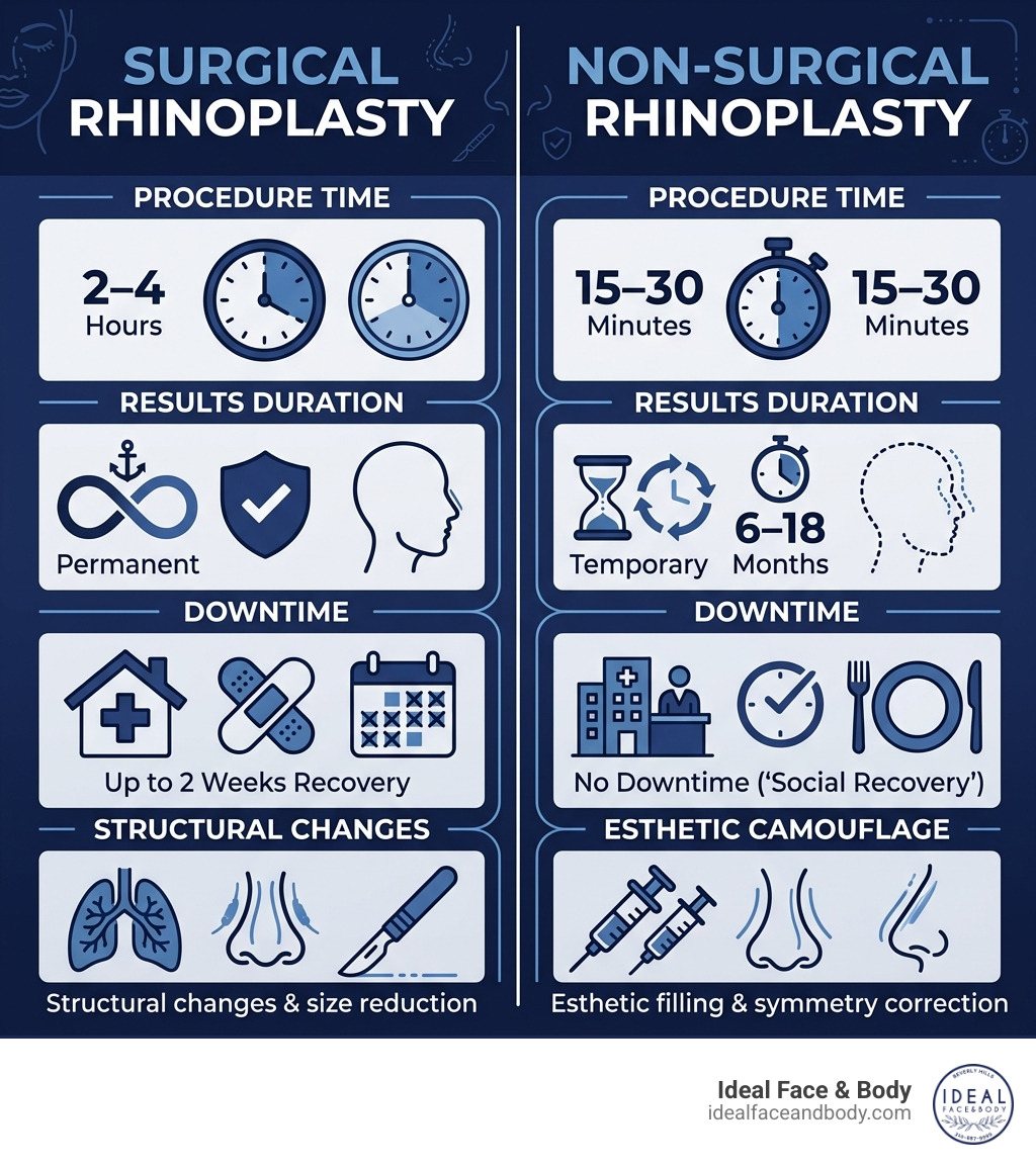 Infographic comparing surgical vs non-surgical rhinoplasty: downtime, results duration, and procedure time - best non Infographic comparing surgical vs non-surgical rhinoplasty: downtime, results duration, and procedure time - best non