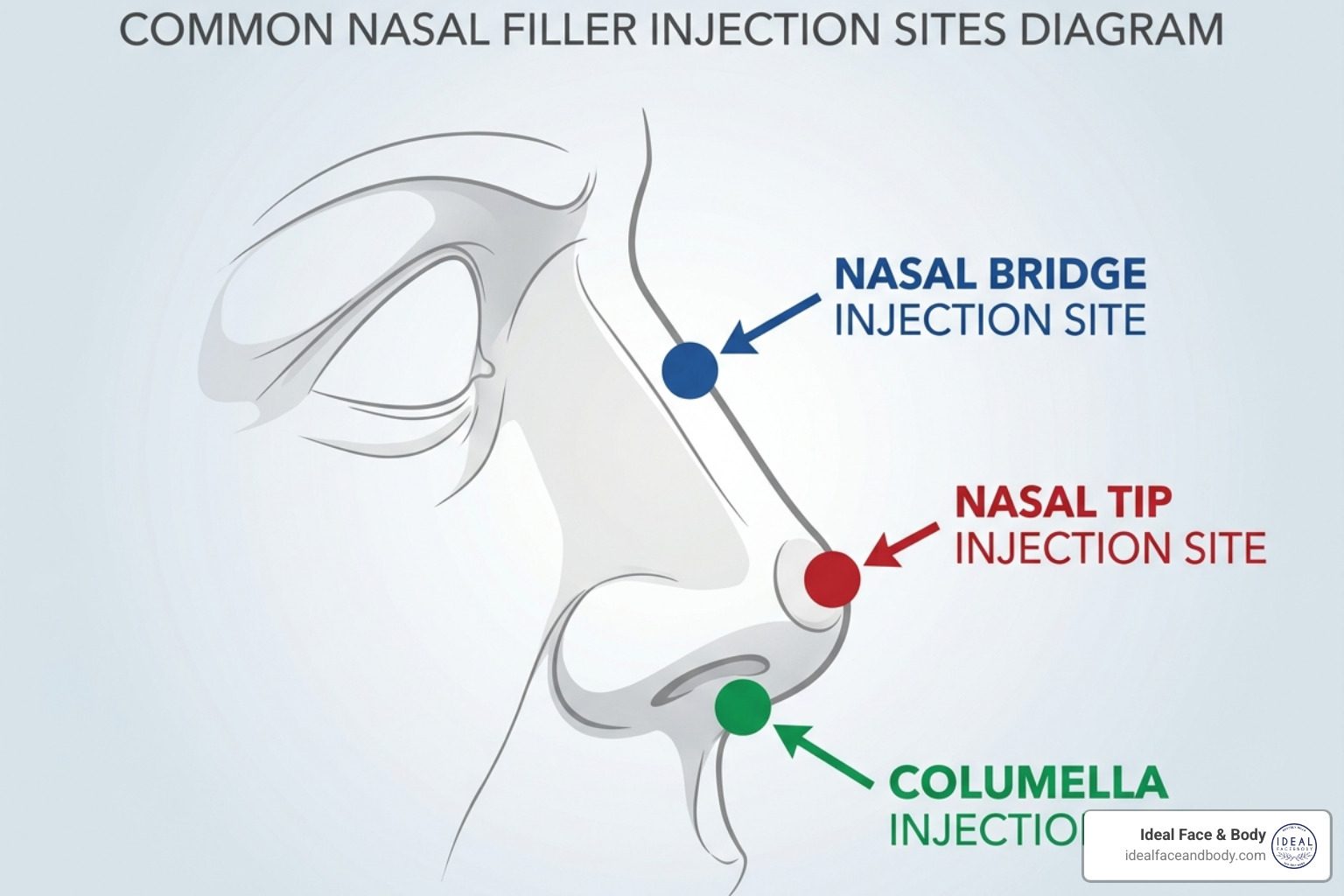 Illustration of common nasal filler injection sites: bridge, tip, and columella - best non surgical rhinoplasty near me Illustration of common nasal filler injection sites: bridge, tip, and columella - best non surgical rhinoplasty near me