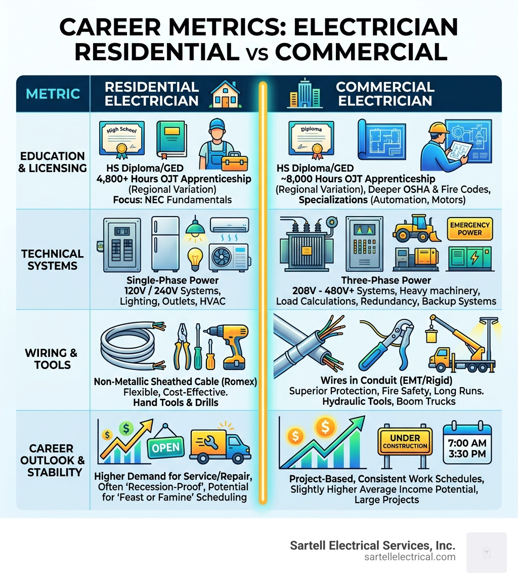 Career metrics comparison table - electrician residential vs commercial infographic Career metrics comparison table - electrician residential vs commercial infographic