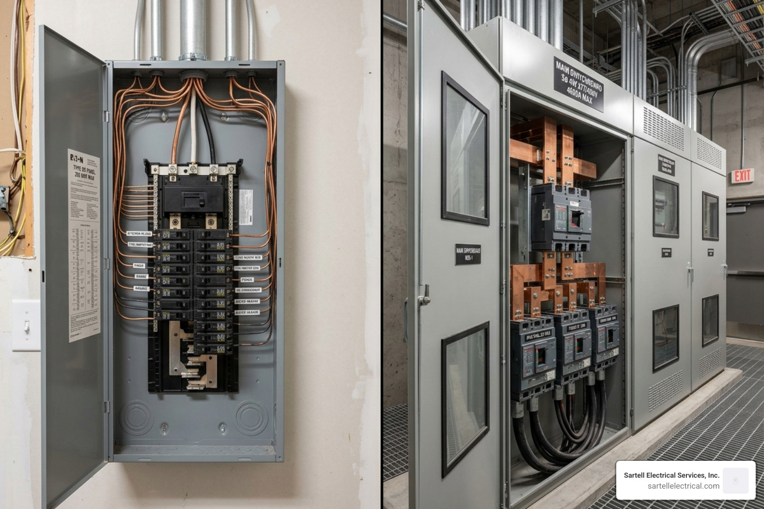 Comparison of home electrical panel and commercial distribution center - electrician residential vs commercial Comparison of home electrical panel and commercial distribution center - electrician residential vs commercial