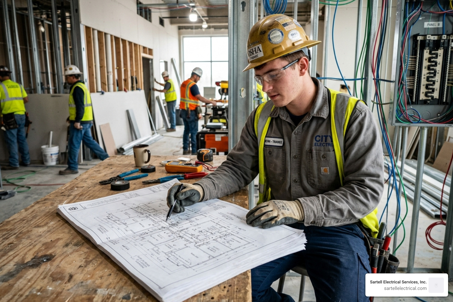 Electrical trainee studying blueprints at a job site - electrician residential vs commercial Electrical trainee studying blueprints at a job site - electrician residential vs commercial