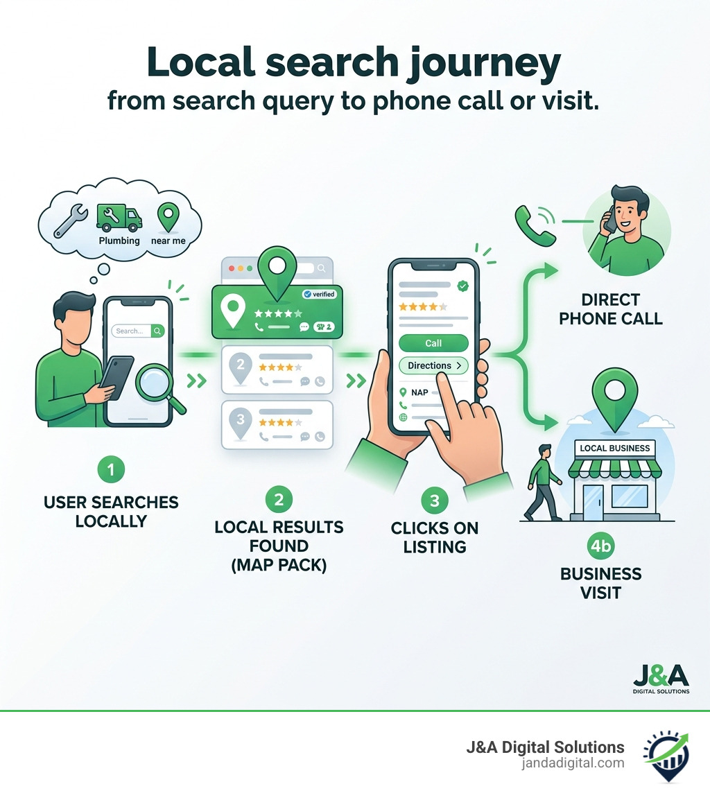 infographic showing the local search journey from search query to phone call or visit - local search solutions infographic 
