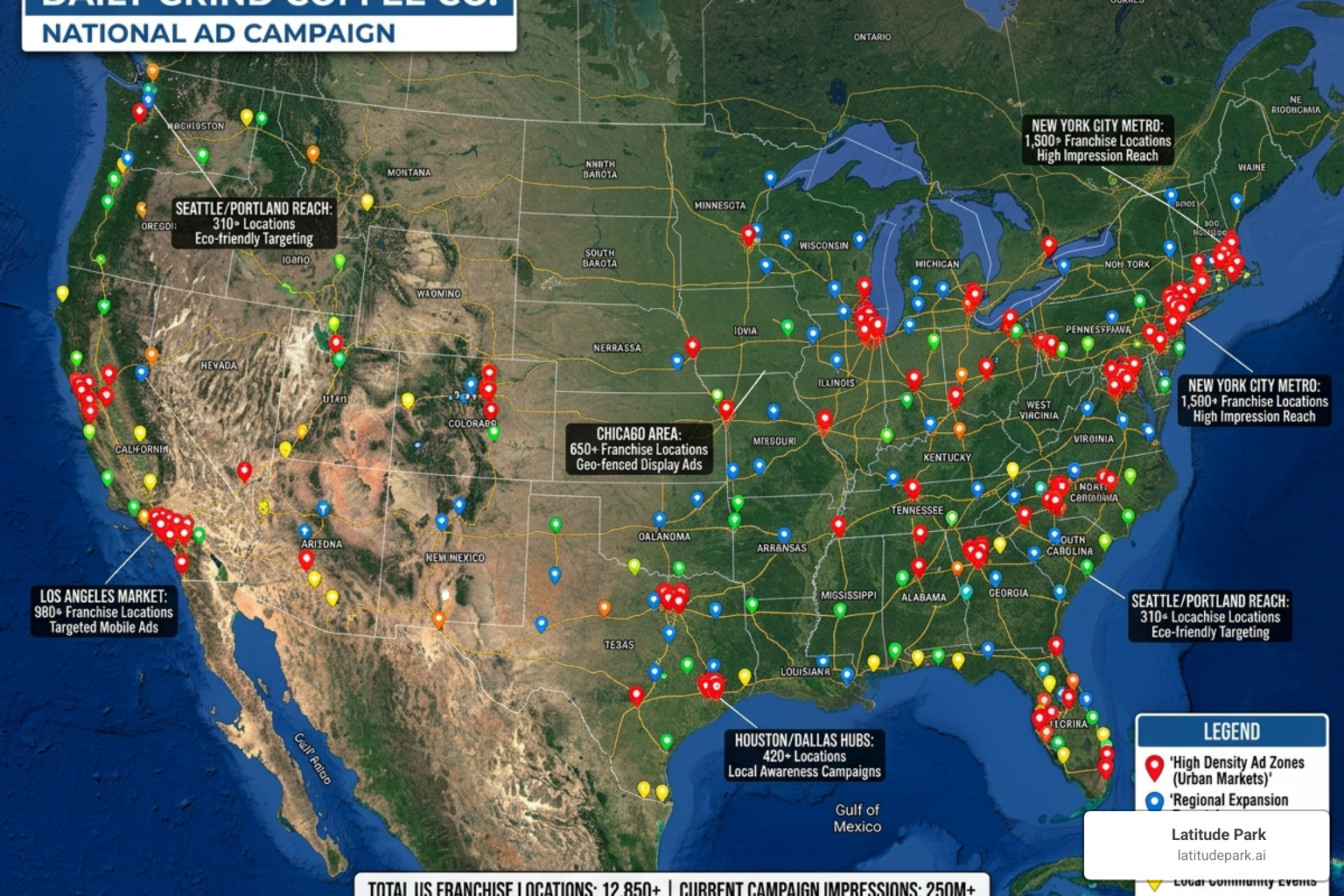 Map with geo-targeted ad pins showing multi-location coverage - franchise digital advertising agency