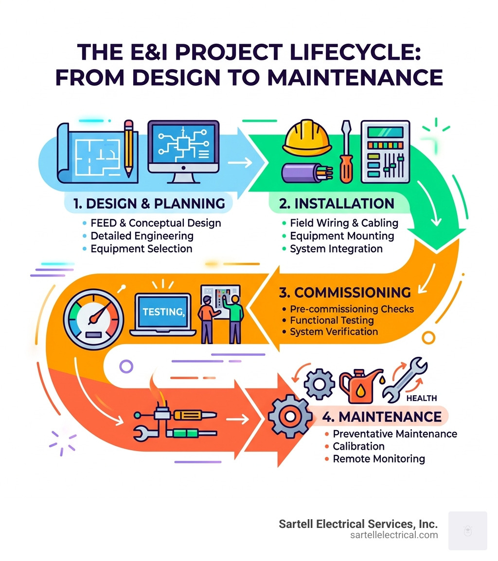 Infographic showing E&I project lifecycle from design through installation commissioning and maintenance - electrical and