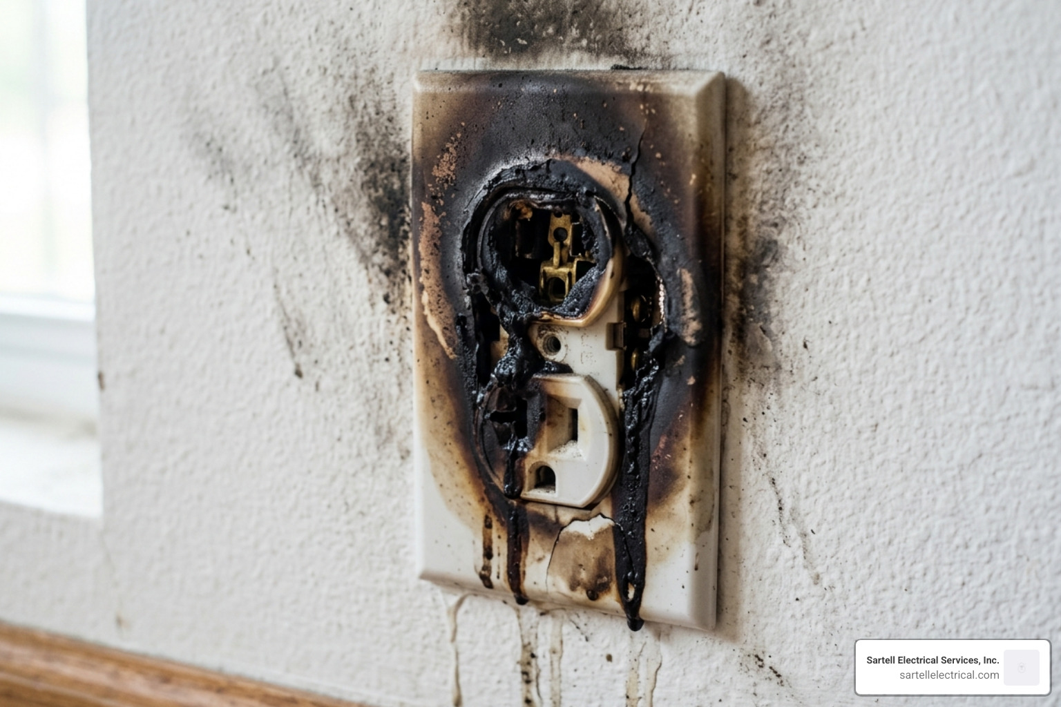 charred electrical outlet showing signs of overheating and fire risk - electrical troubleshooting services charred electrical outlet showing signs of overheating and fire risk - electrical troubleshooting services