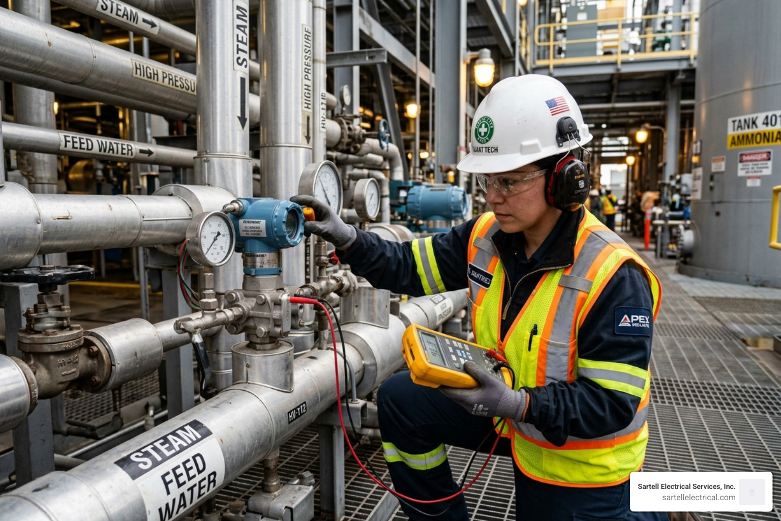 Technician calibrating a pressure transmitter in an industrial setting - electrical and instrumentation services