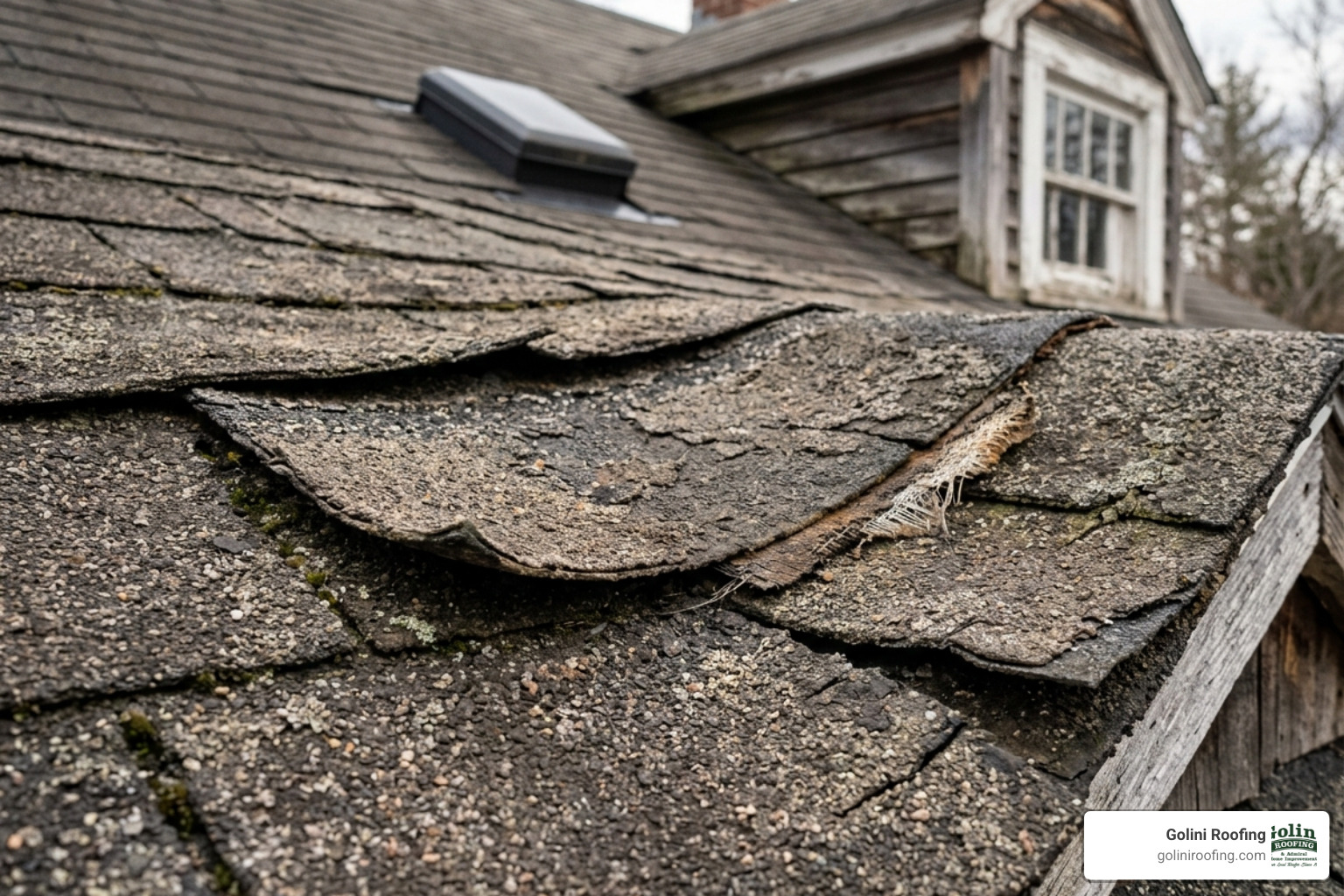 Close-up of damaged asphalt shingles with curled edges and missing granules - roof repair reading ma Close-up of damaged asphalt shingles with curled edges and missing granules - roof repair reading ma
