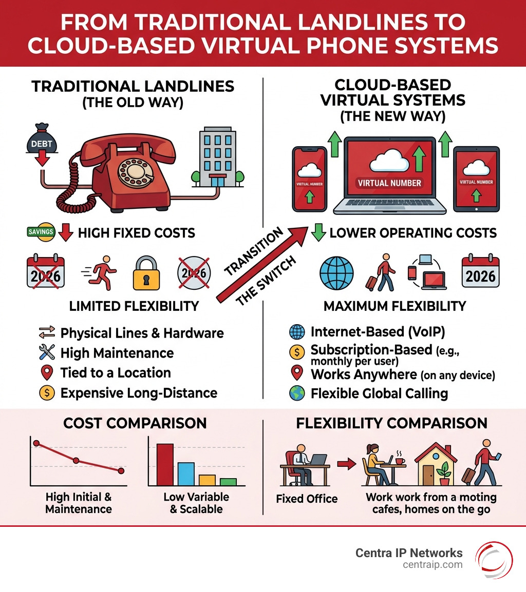 Infographic showing transition from traditional landlines to cloud-based virtual phone systems with cost and flexibility Infographic showing transition from traditional landlines to cloud-based virtual phone systems with cost and flexibility