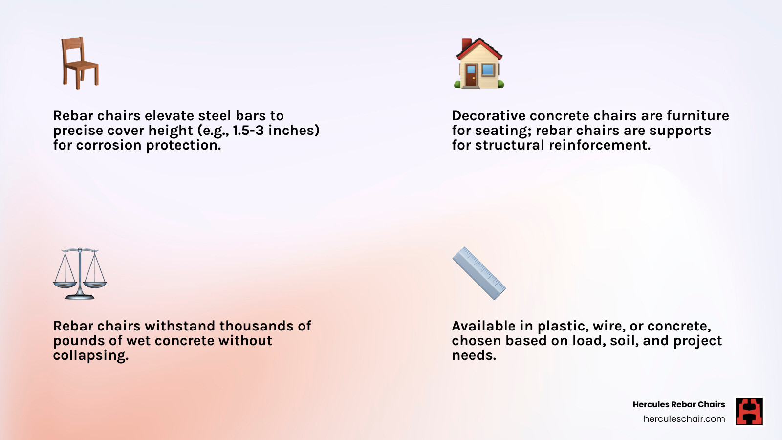 Infographic comparing decorative concrete furniture chairs vs construction rebar chairs for concrete pours - leading Infographic comparing decorative concrete furniture chairs vs construction rebar chairs for concrete pours - leading