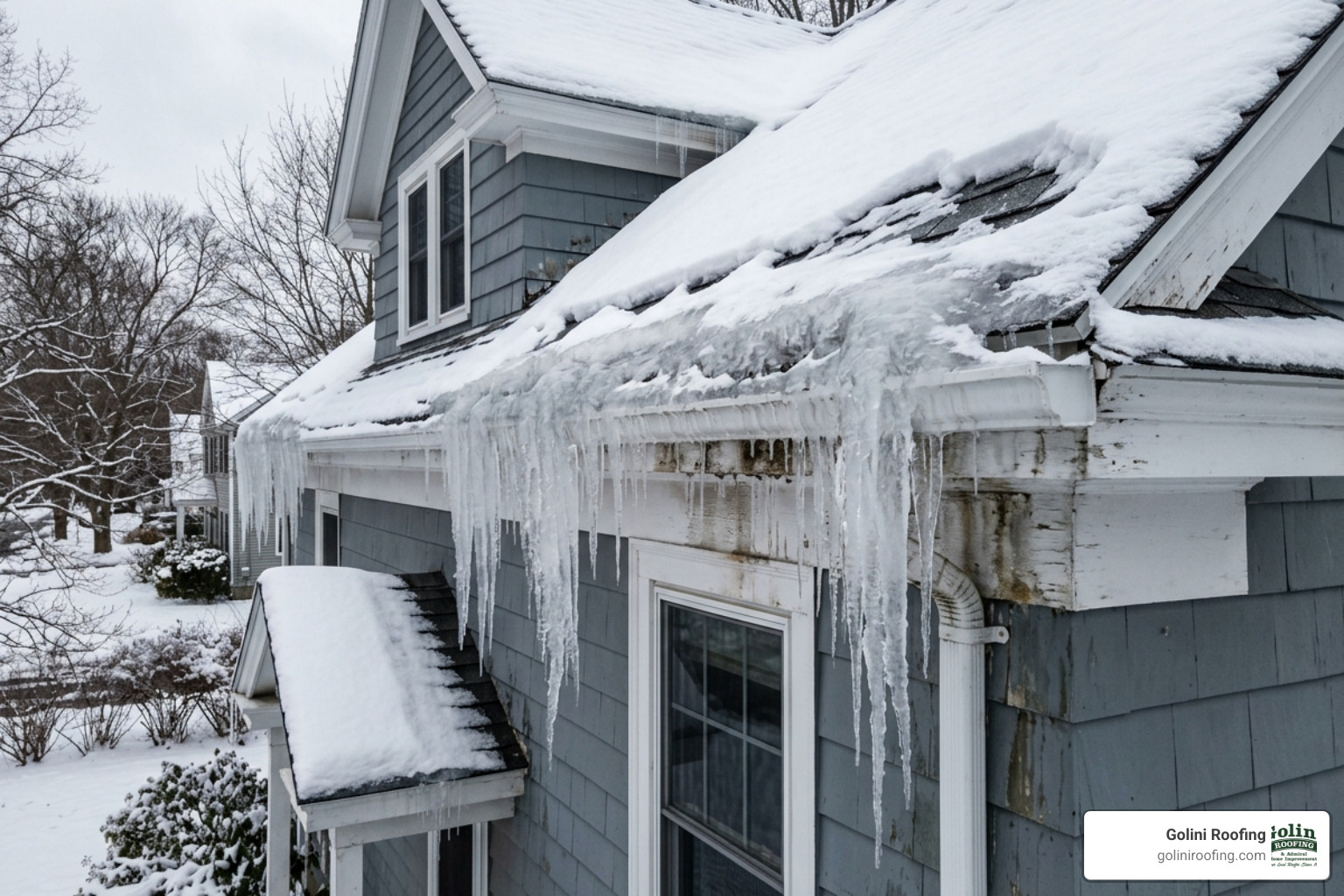 Ice dams forming on the eaves of a residential home in Reading MA - roof repair reading ma Ice dams forming on the eaves of a residential home in Reading MA - roof repair reading ma