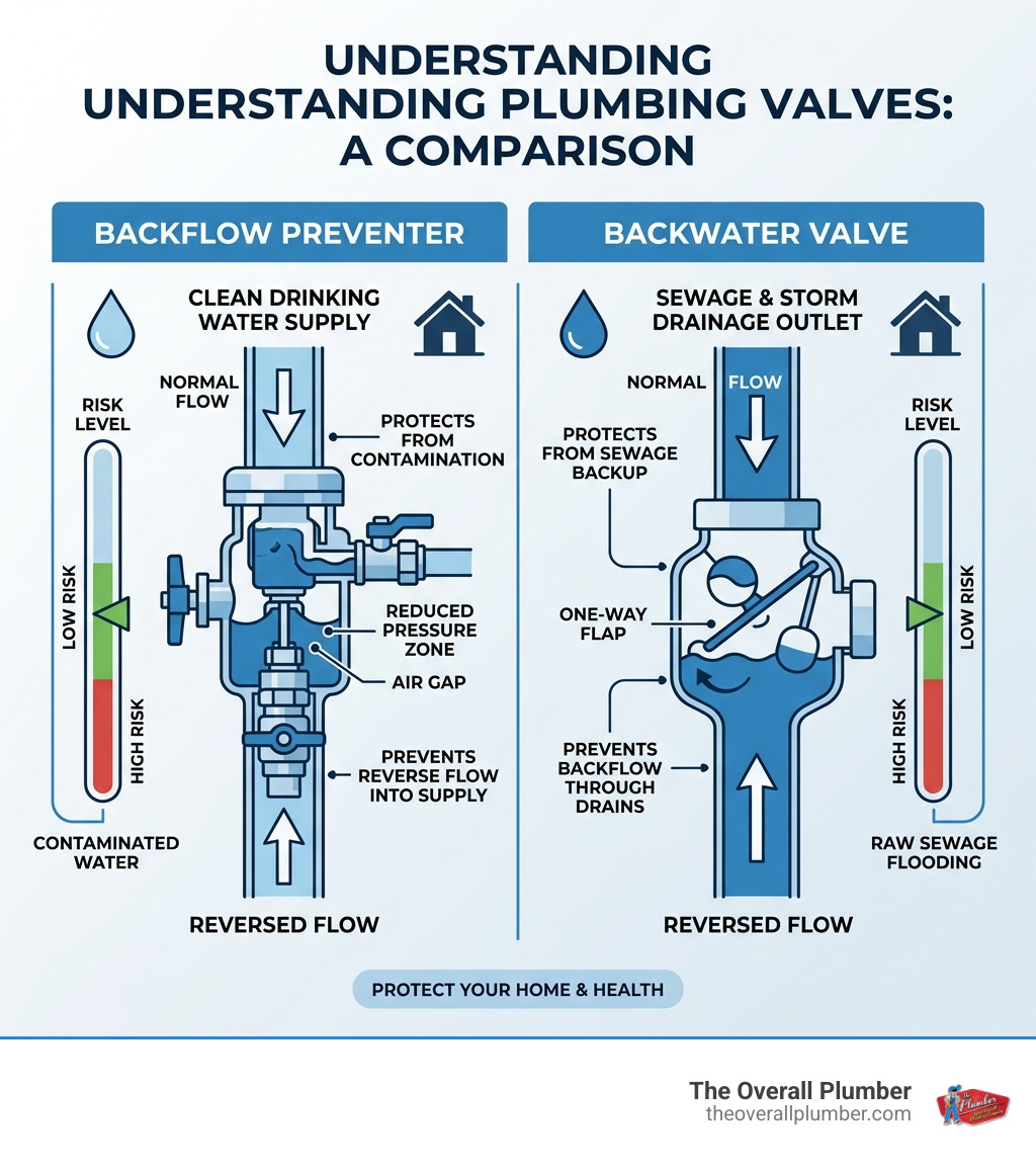 Infographic comparing backflow preventers and backwater valves with flow diagrams and risk levels - back flow valves Infographic comparing backflow preventers and backwater valves with flow diagrams and risk levels - back flow valves