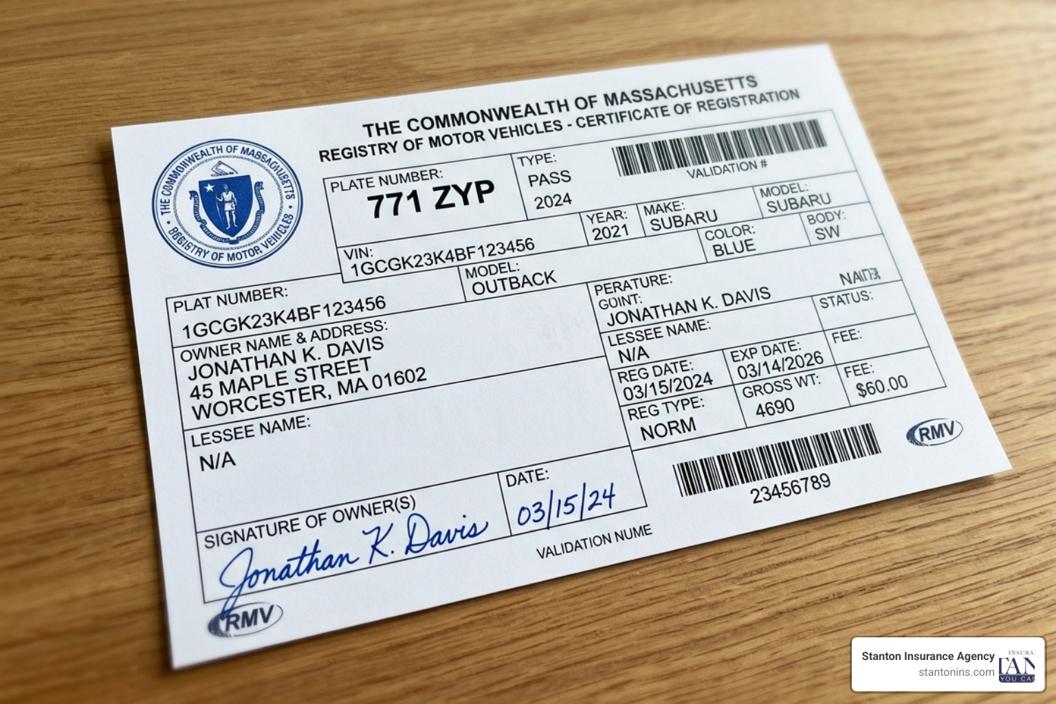 Massachusetts vehicle registration document - Massachusetts auto insurance