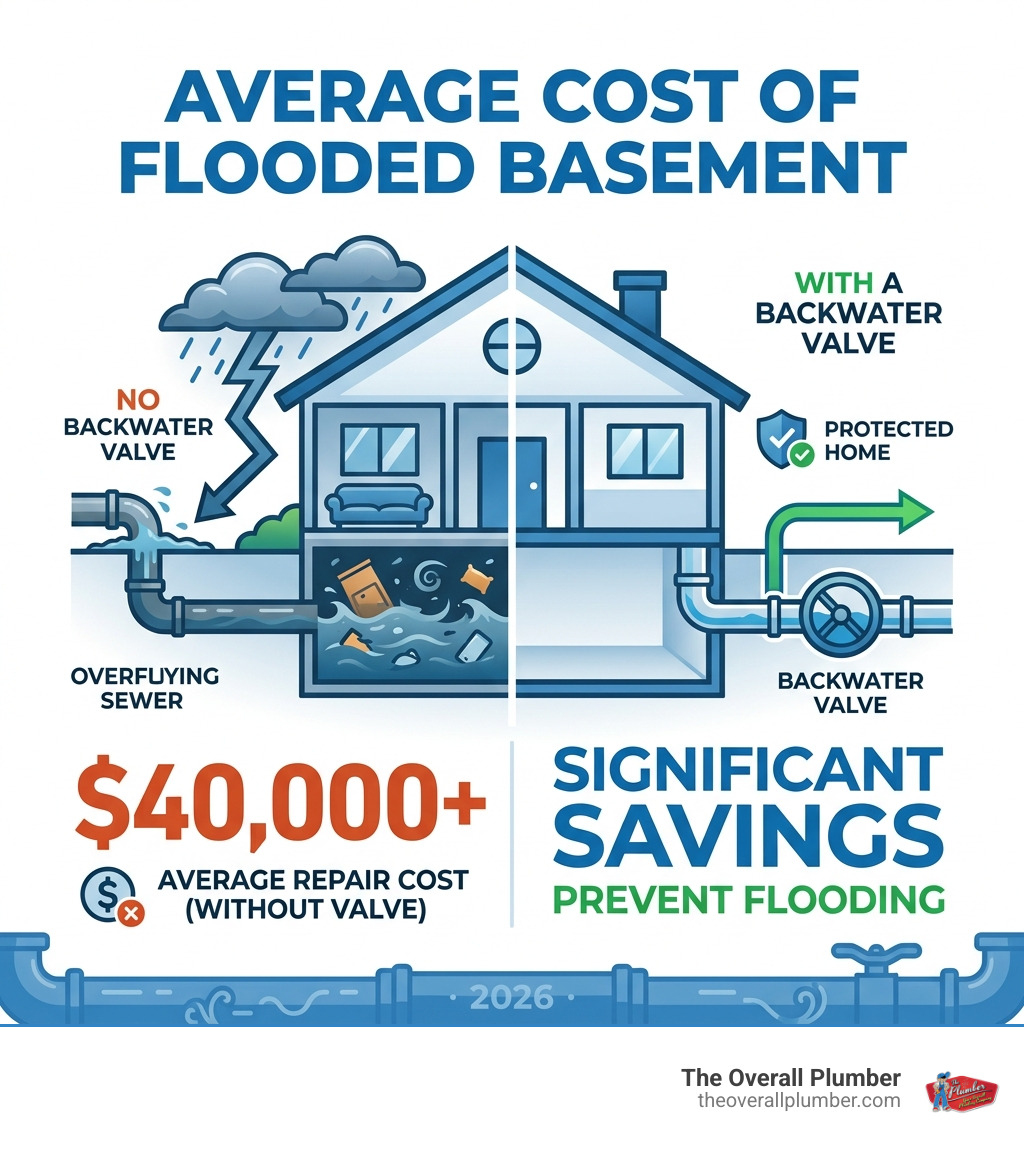 Stat showing that the average cost to repair a flooded basement is over $40,000 without a backwater valve - back flow valves Stat showing that the average cost to repair a flooded basement is over $40,000 without a backwater valve - back flow valves