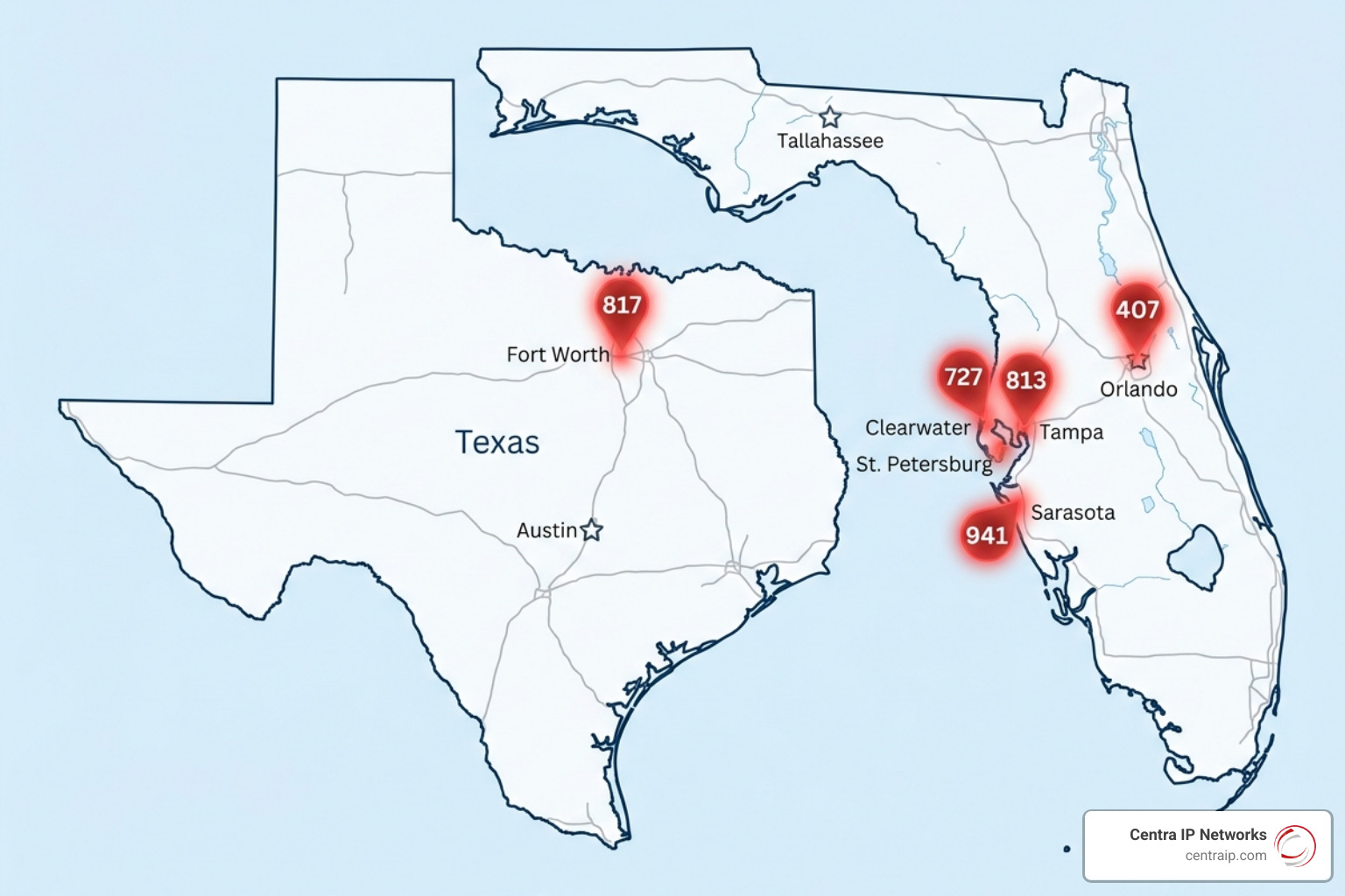 Digital map of Florida and Texas highlighting local area codes for virtual numbers - virtual phone number Digital map of Florida and Texas highlighting local area codes for virtual numbers - virtual phone number