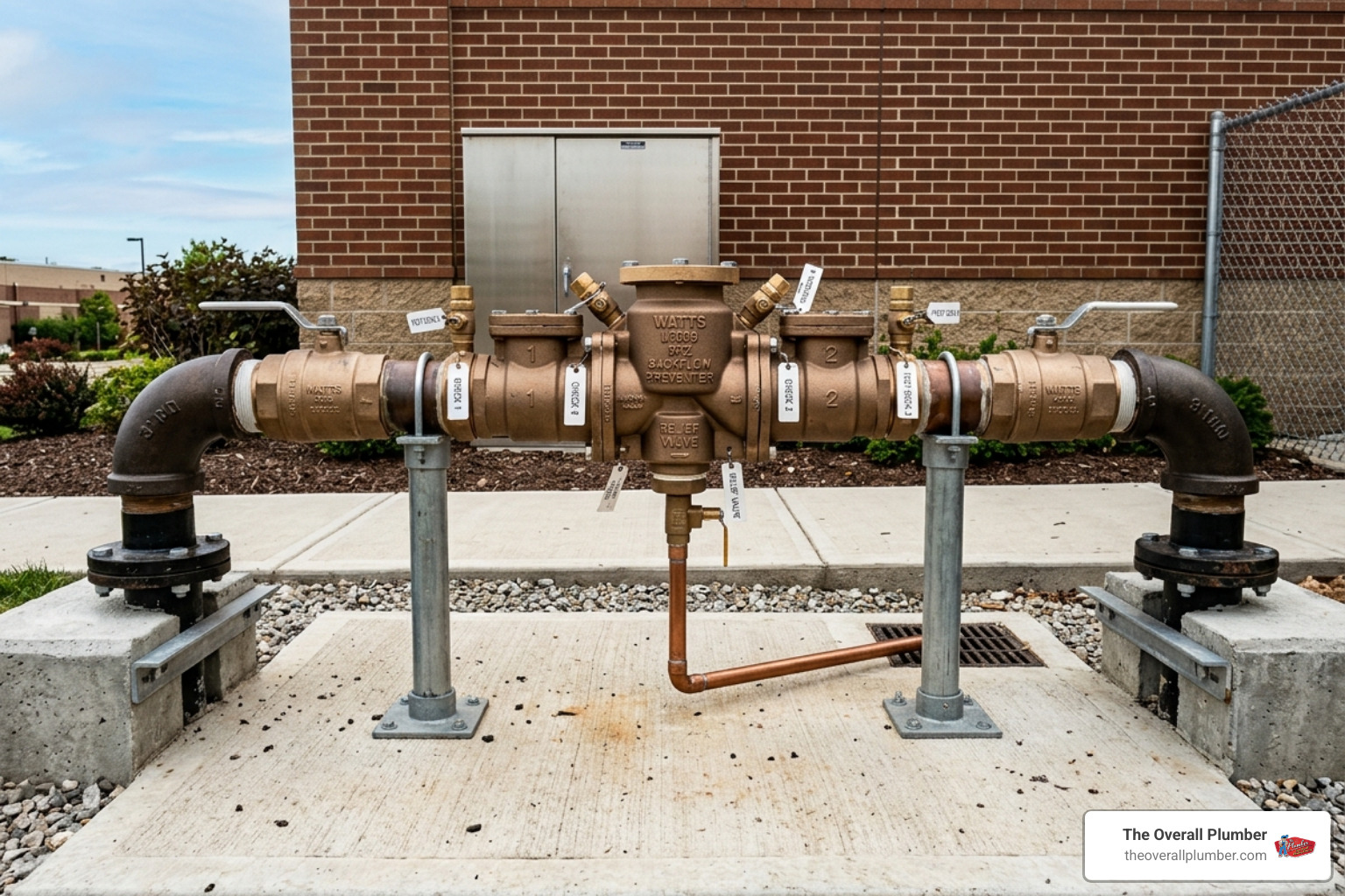 A high-quality Reduced Pressure Zone (RPZ) assembly installed on a commercial water line - back flow valves A high-quality Reduced Pressure Zone (RPZ) assembly installed on a commercial water line - back flow valves