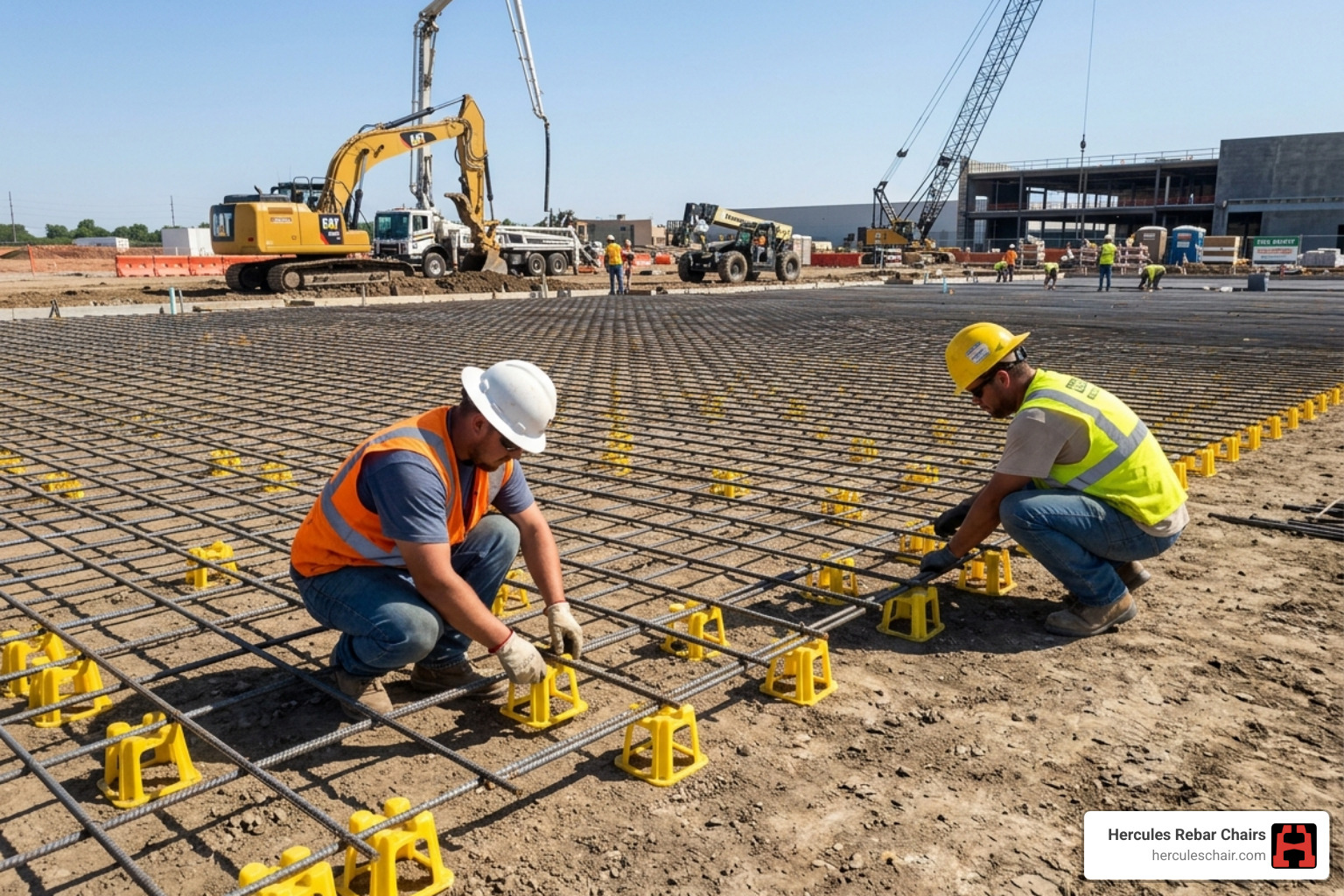 rebar chairs being installed on a construction site for a large slab pour - leading concrete chair brand rebar chairs being installed on a construction site for a large slab pour - leading concrete chair brand
