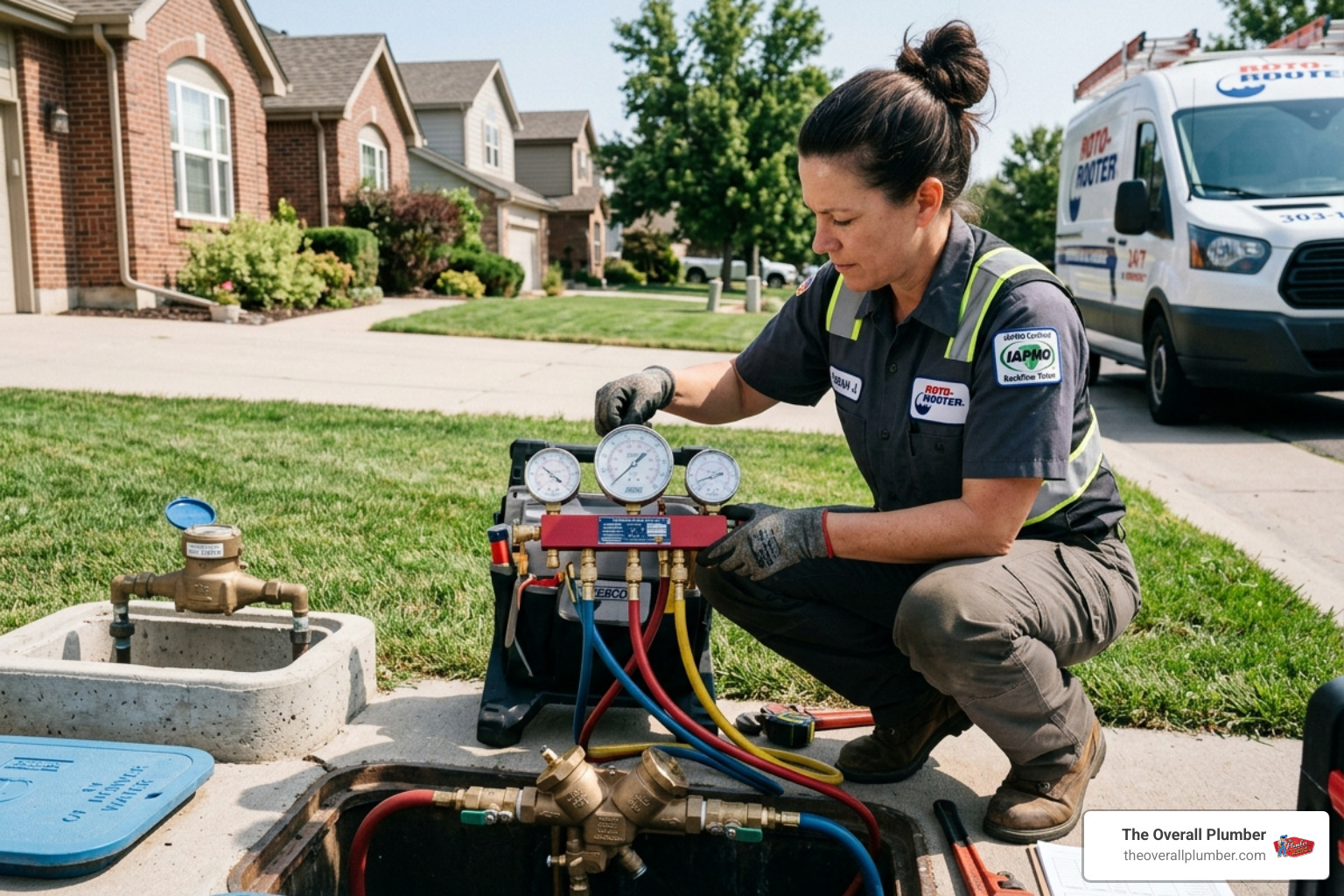 A certified plumber using a test kit to verify the pressure in a double check valve assembly - back flow valves A certified plumber using a test kit to verify the pressure in a double check valve assembly - back flow valves