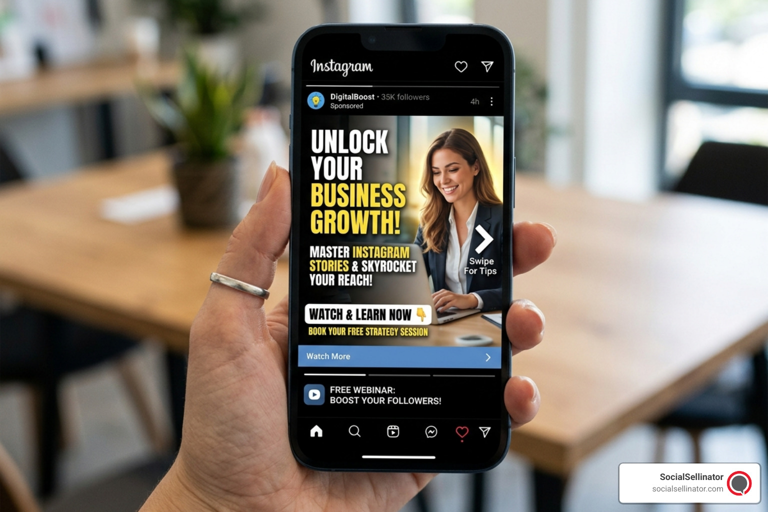 Mobile view of a storytelling carousel ad with clear swiping cues, high-contrast text, and a compelling first card.
