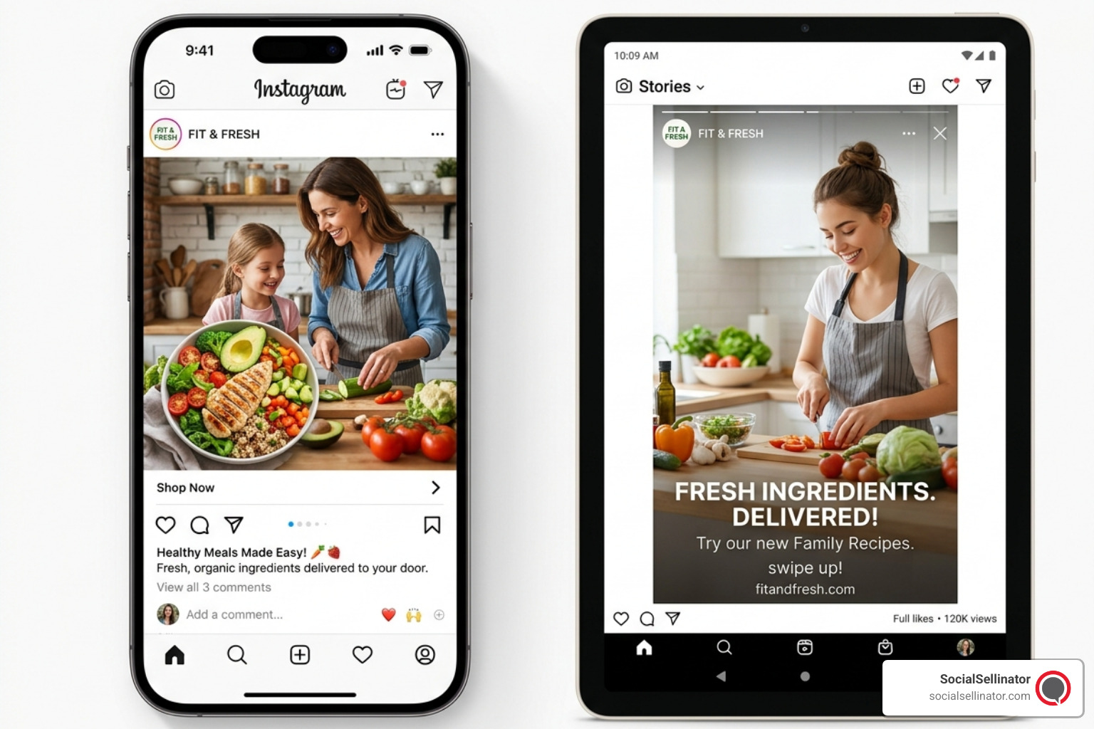Comparison of 1:1 and 9:16 aspect ratios for social media carousel cards across different devices showing how content fills