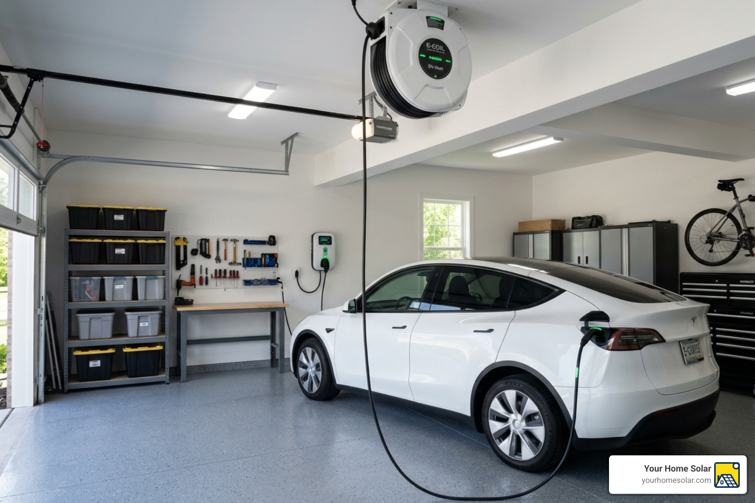 Retractable cable system in a residential garage - ceiling mounted ev charger Retractable cable system in a residential garage - ceiling mounted ev charger