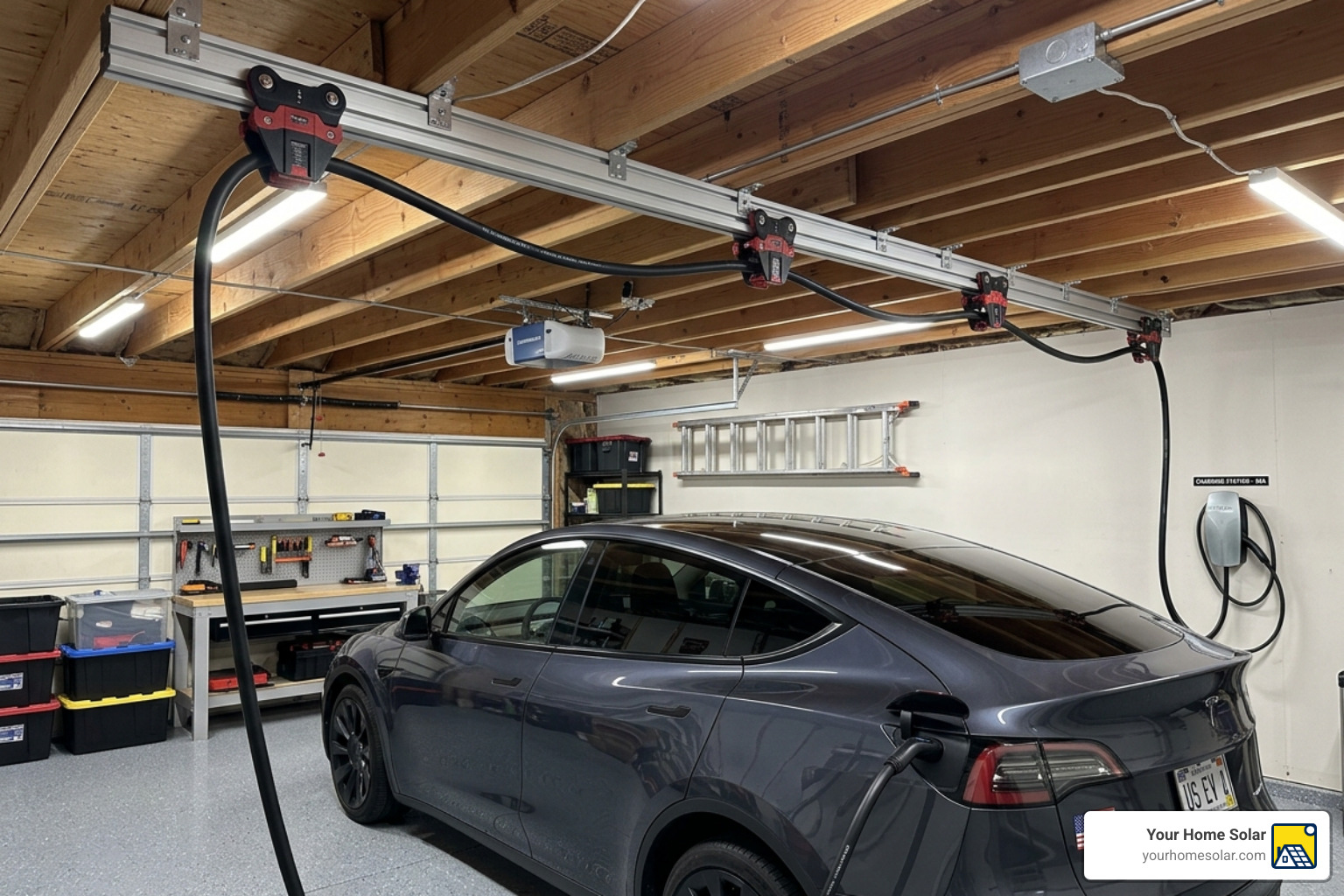 Ceiling track installation for EV charging cable - ceiling mounted ev charger Ceiling track installation for EV charging cable - ceiling mounted ev charger