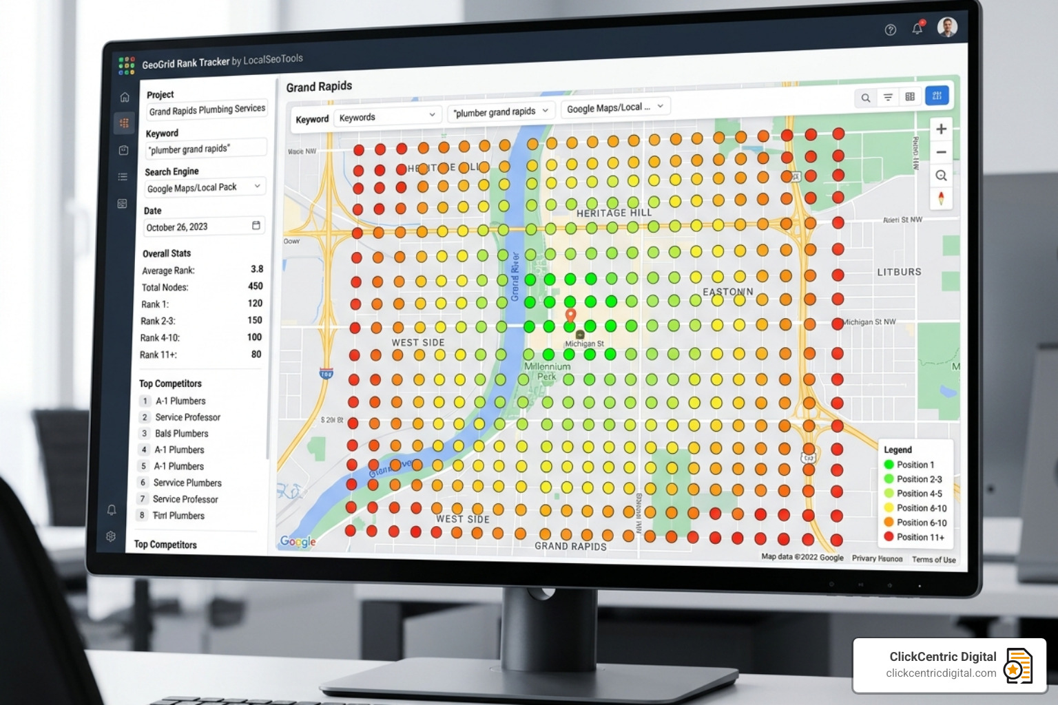 GeoGrid rank tracking visualization showing ranking positions across a city - google maps marketing GeoGrid rank tracking visualization showing ranking positions across a city - google maps marketing