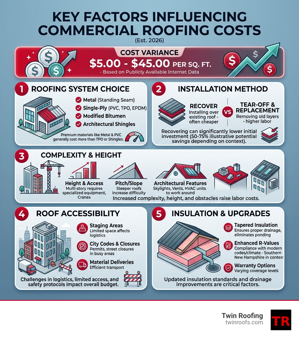 Infographic showing factors influencing commercial roofing costs like material selection and labor - commercial roofing Infographic showing factors influencing commercial roofing costs like material selection and labor - commercial roofing